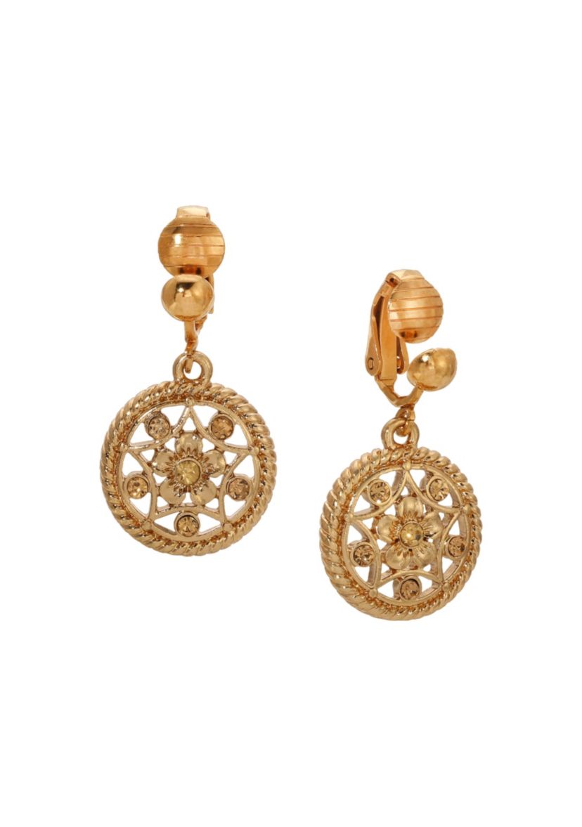 Gold Tone Crystal Round Clip Earrings