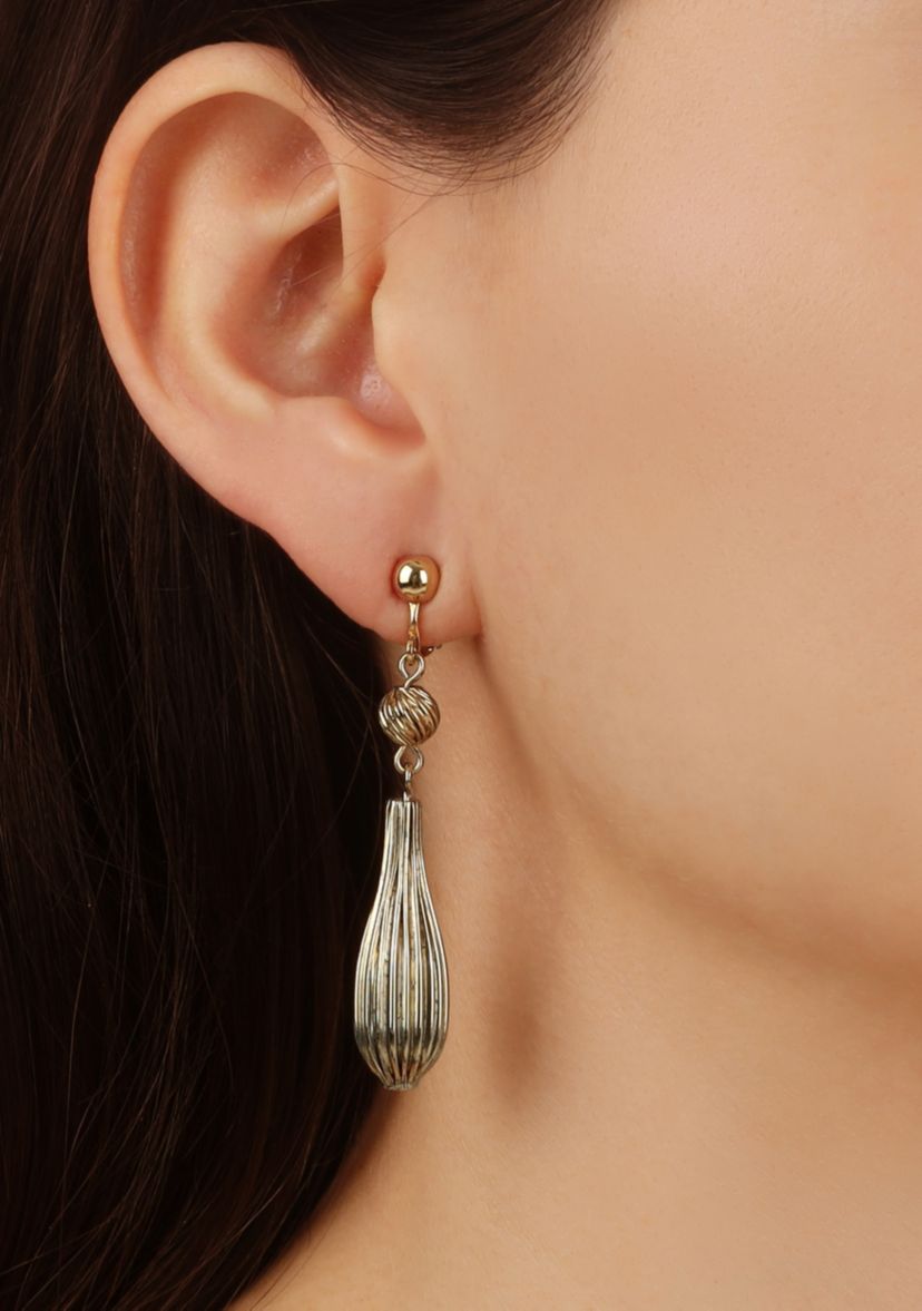 Gold Tone Corrugated Drop Clip Earrings