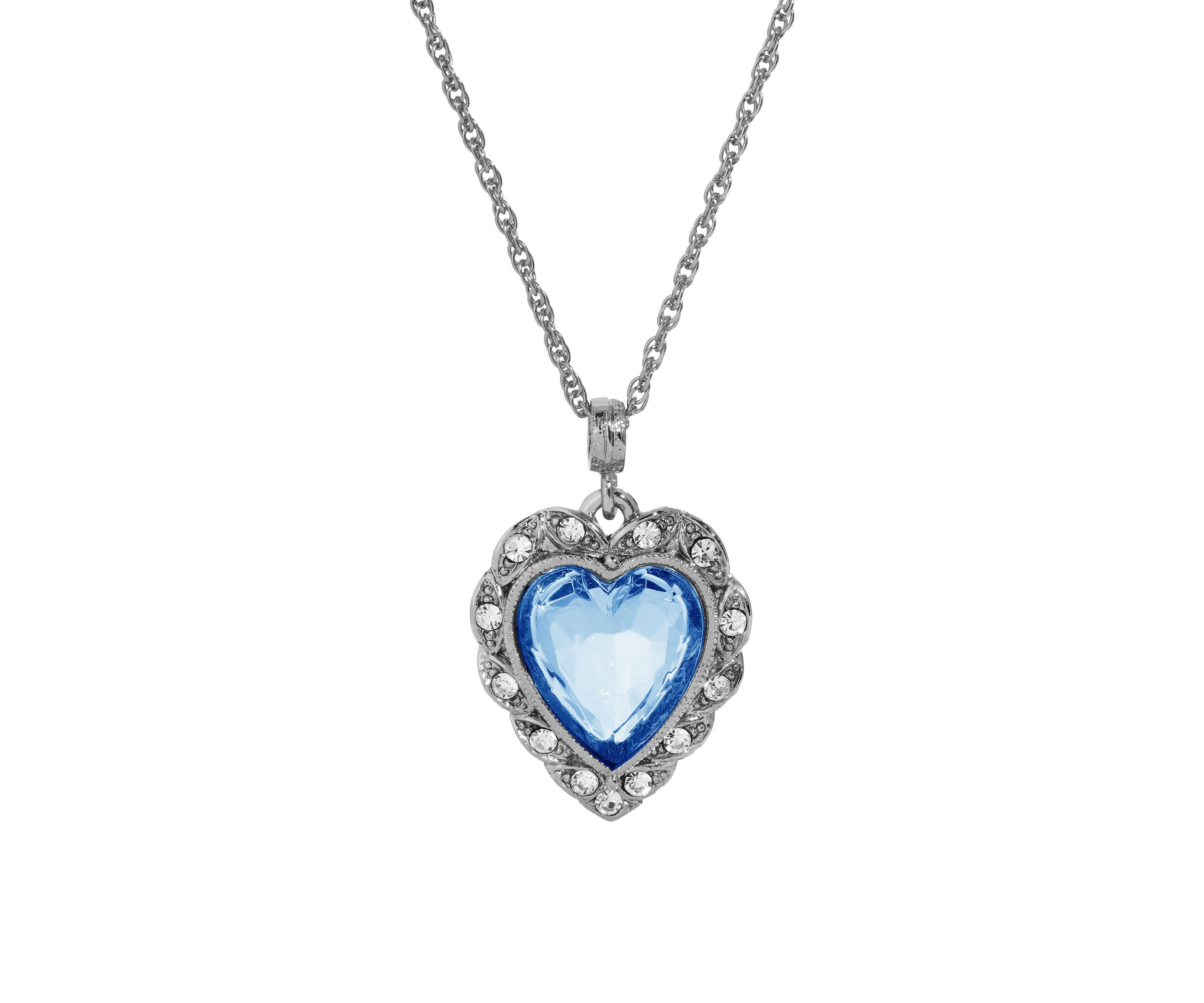 Silver Tone Blue Heart Crystal Necklace