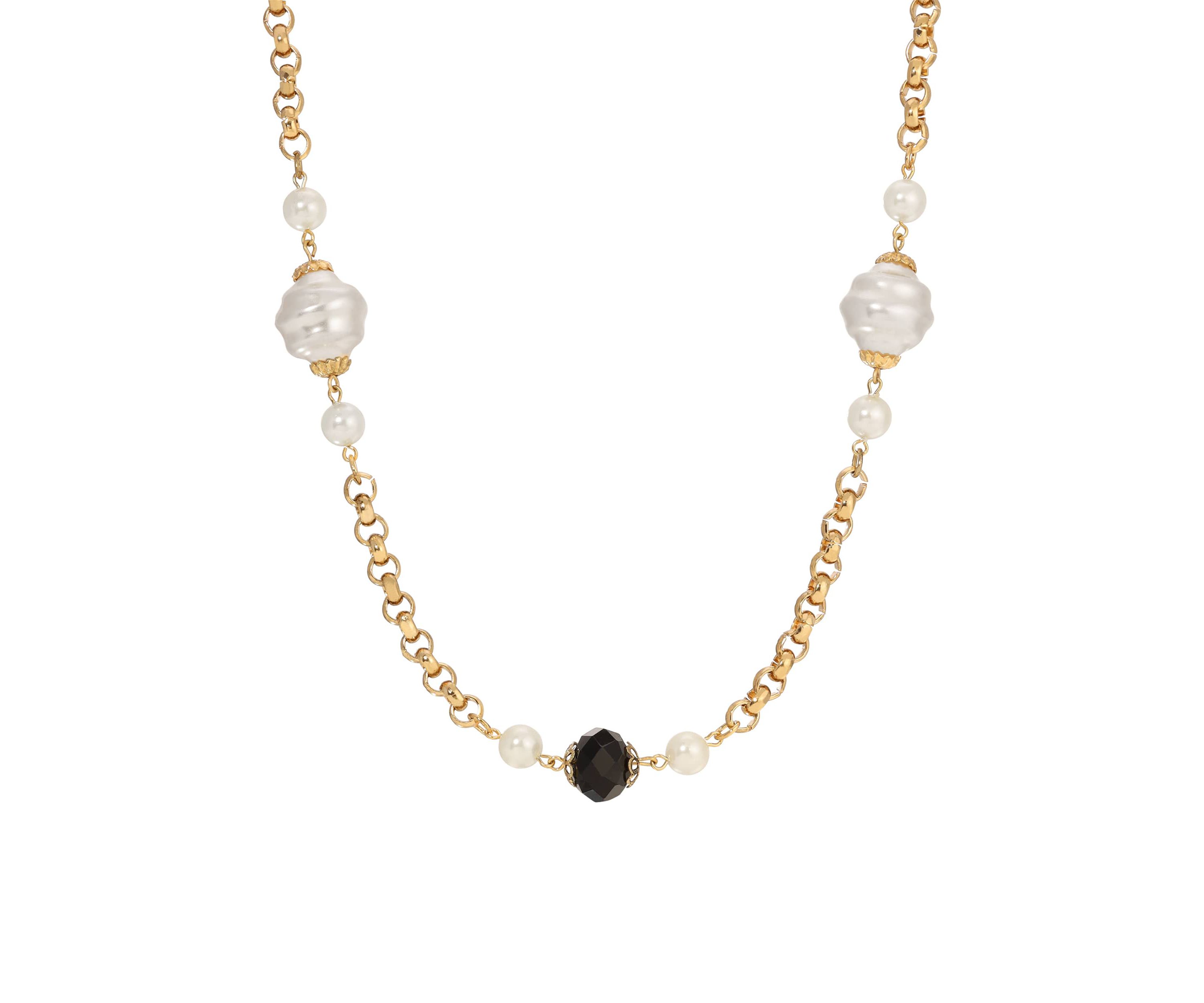 Faux Pearl Black Bead Long Necklace 30"