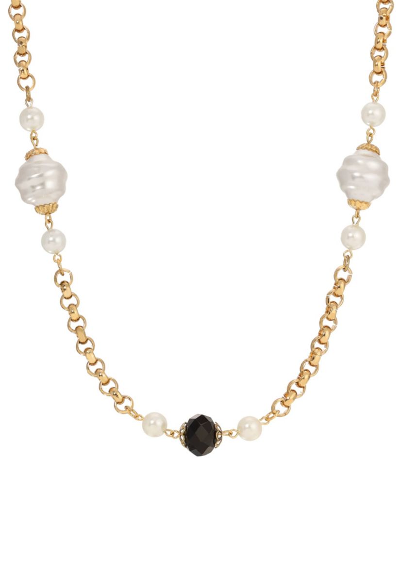Faux Pearl Black Bead Long Necklace 30"