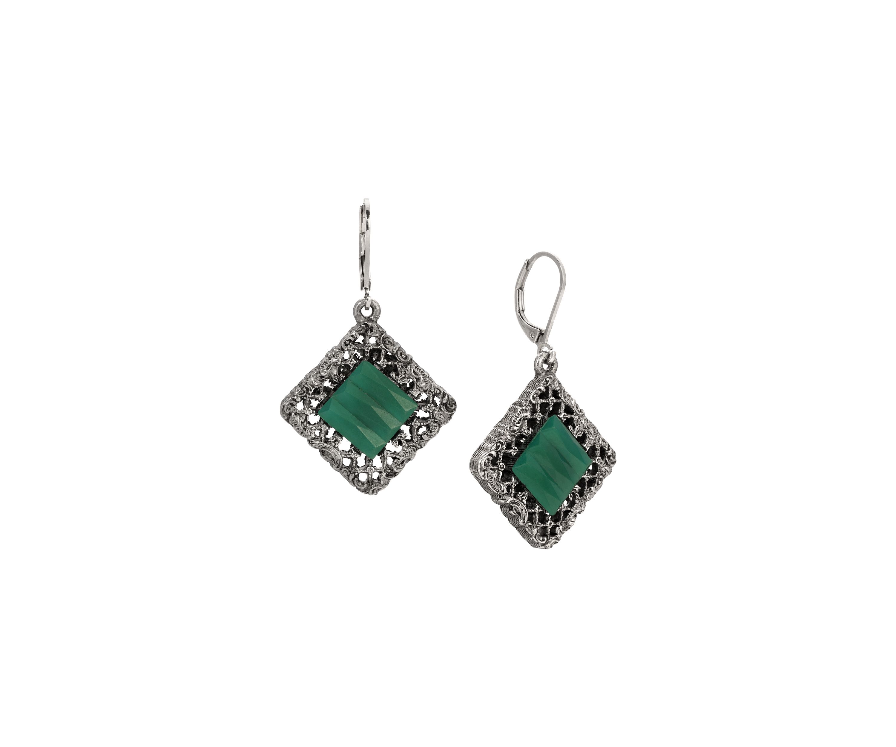Pewter Green Glass Leverback Earrings