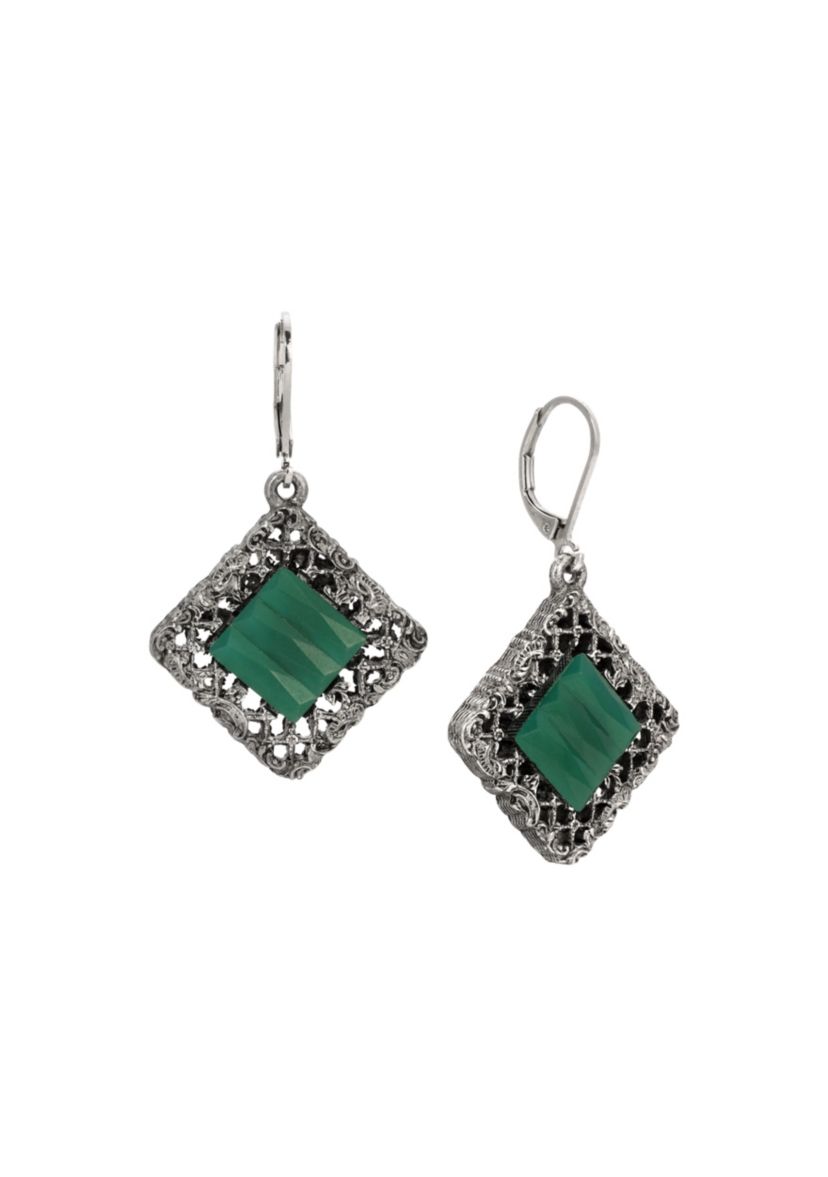 Pewter Green Glass Leverback Earrings