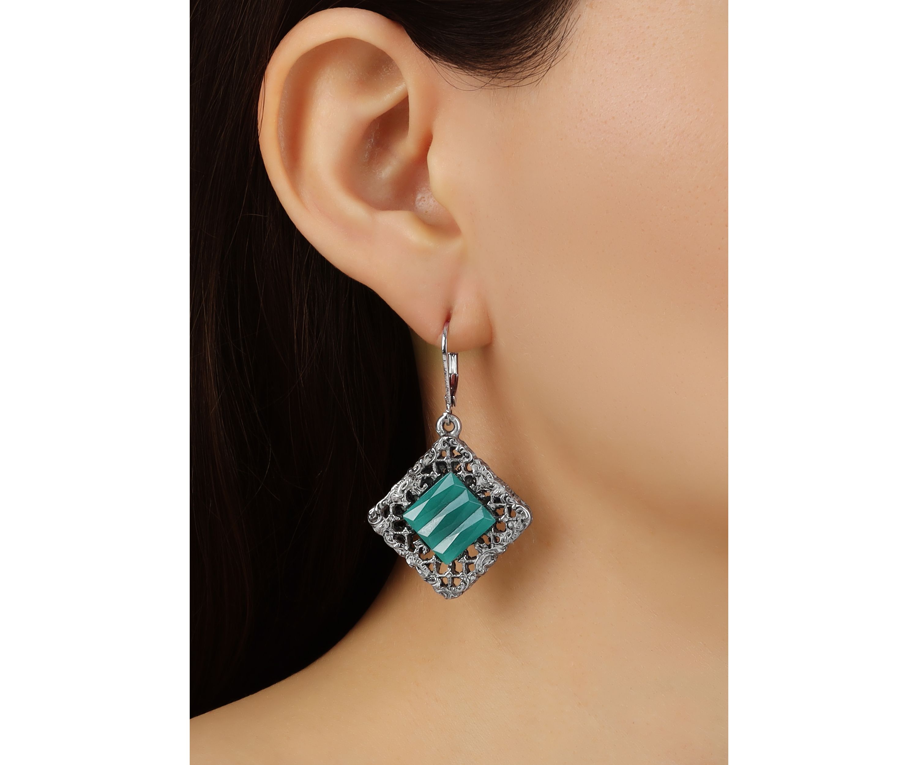 Pewter Green Glass Leverback Earrings