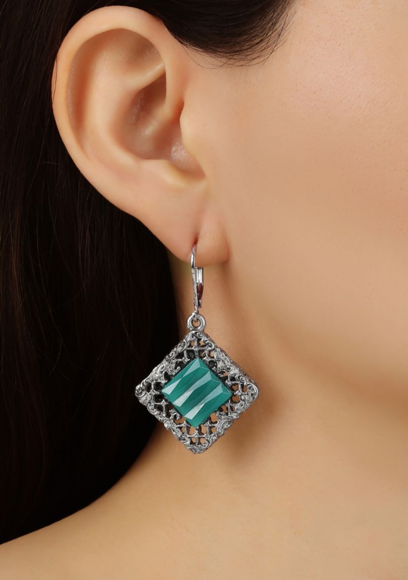Pewter Green Glass Leverback Earrings