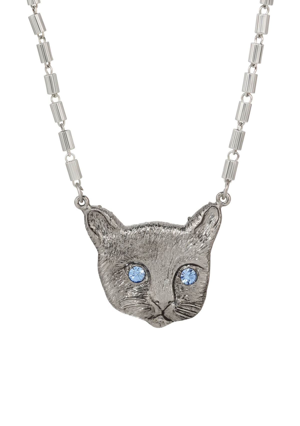 Silver Tone Cat Face Crystal Glass Stone 17" Necklace