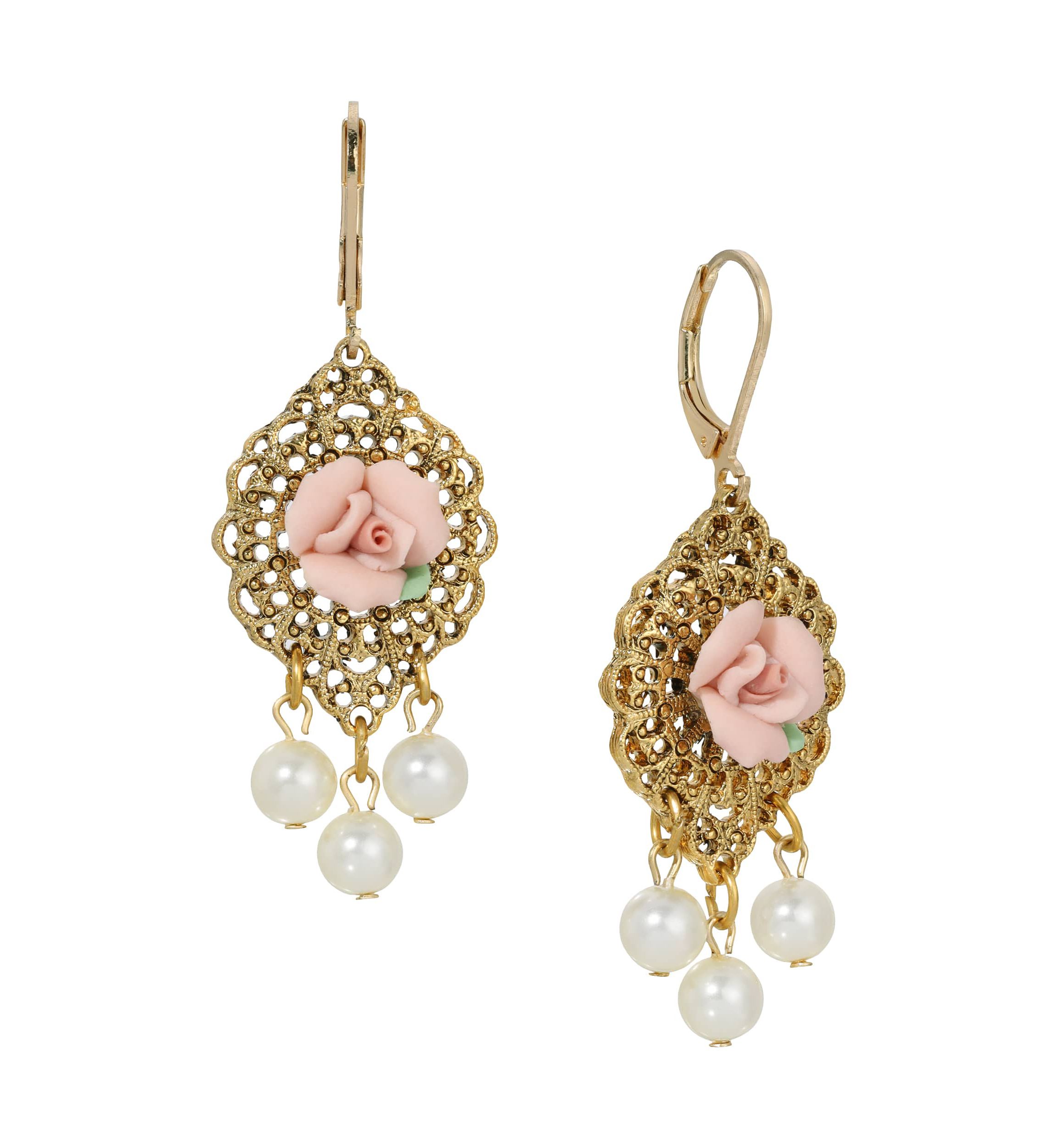 Pink Rose Faux Pearl Leverback Earrings
