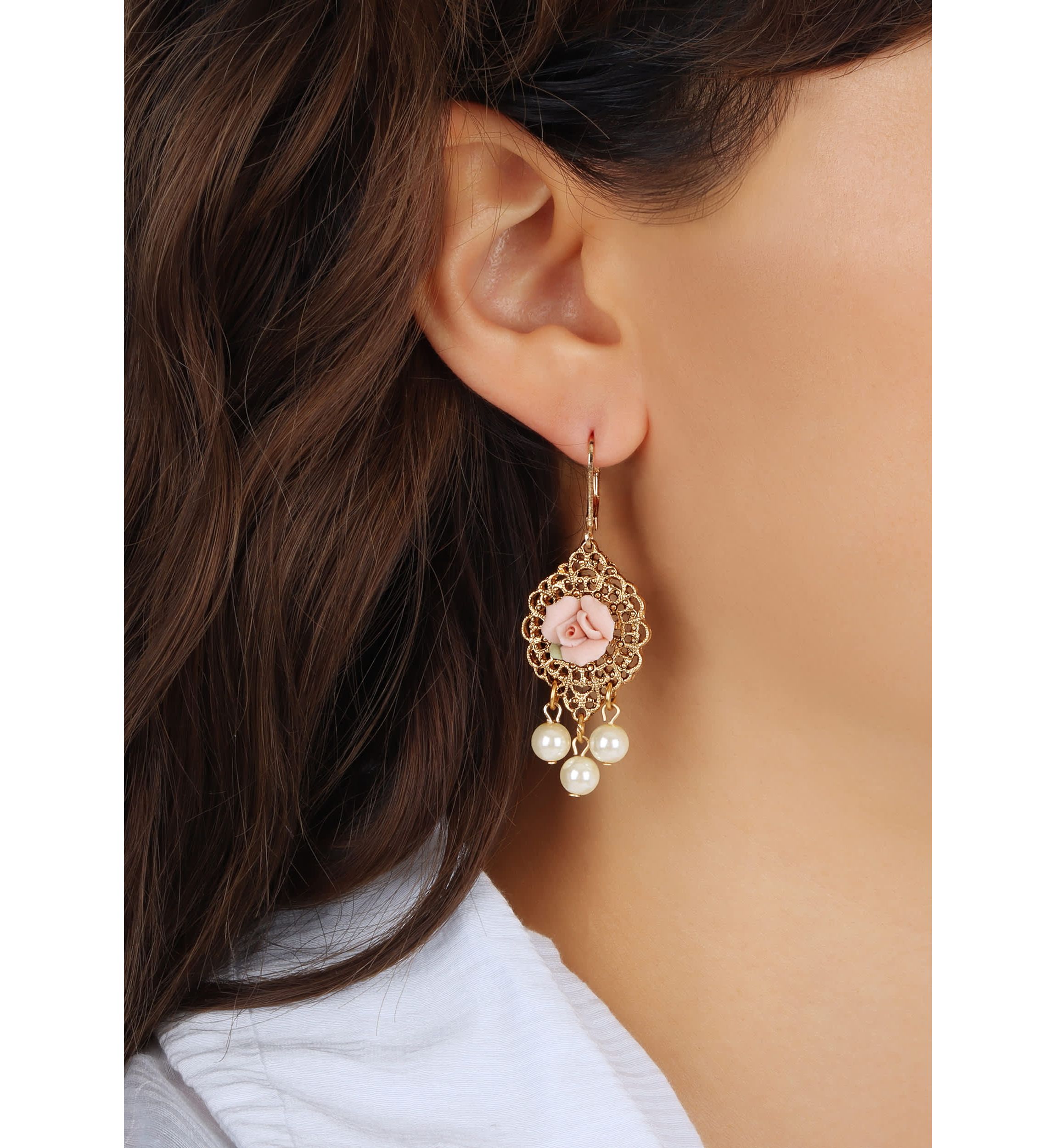 Pink Rose Faux Pearl Leverback Earrings