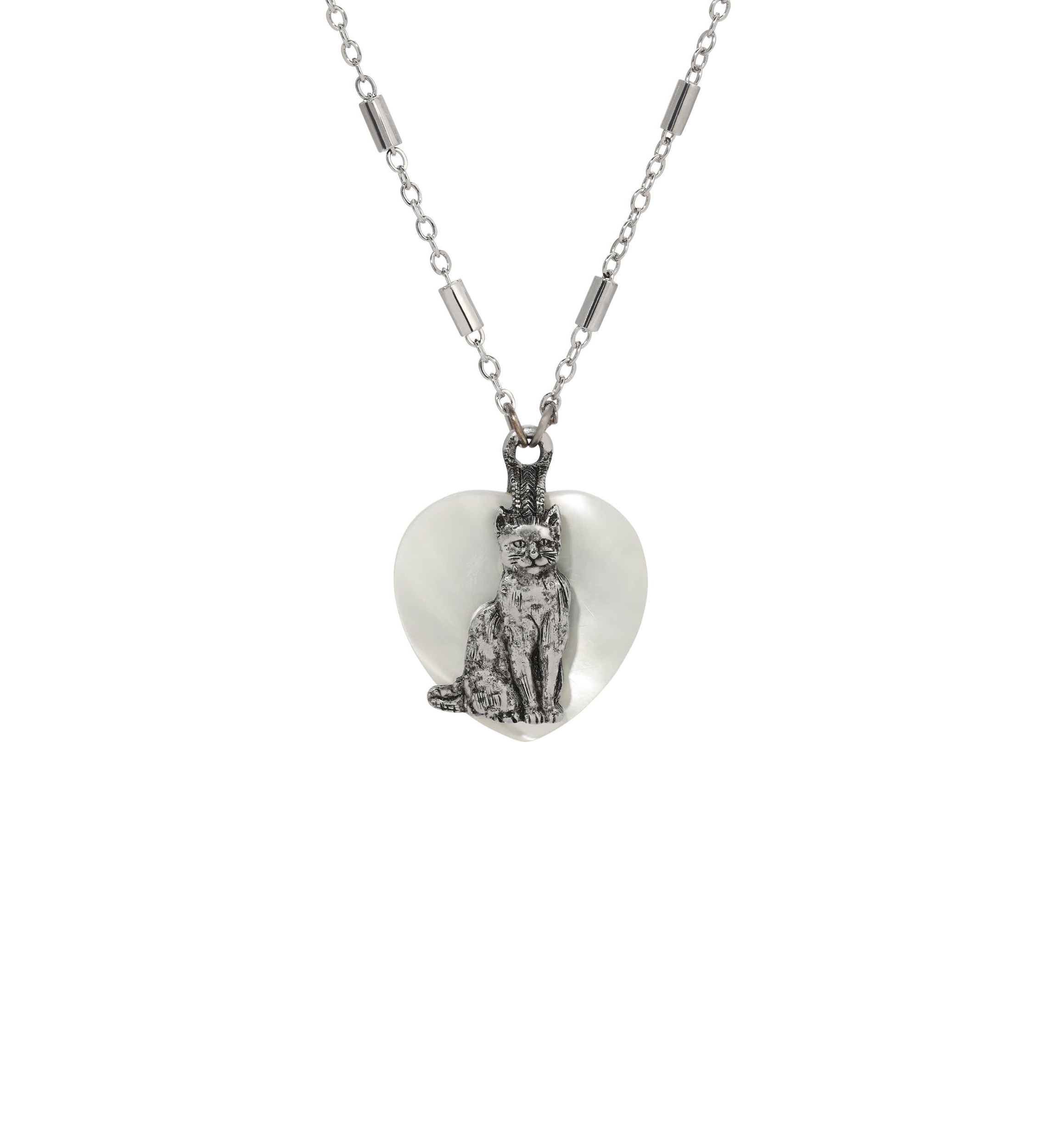 Heart MOP Cat Pendant Necklace 18"