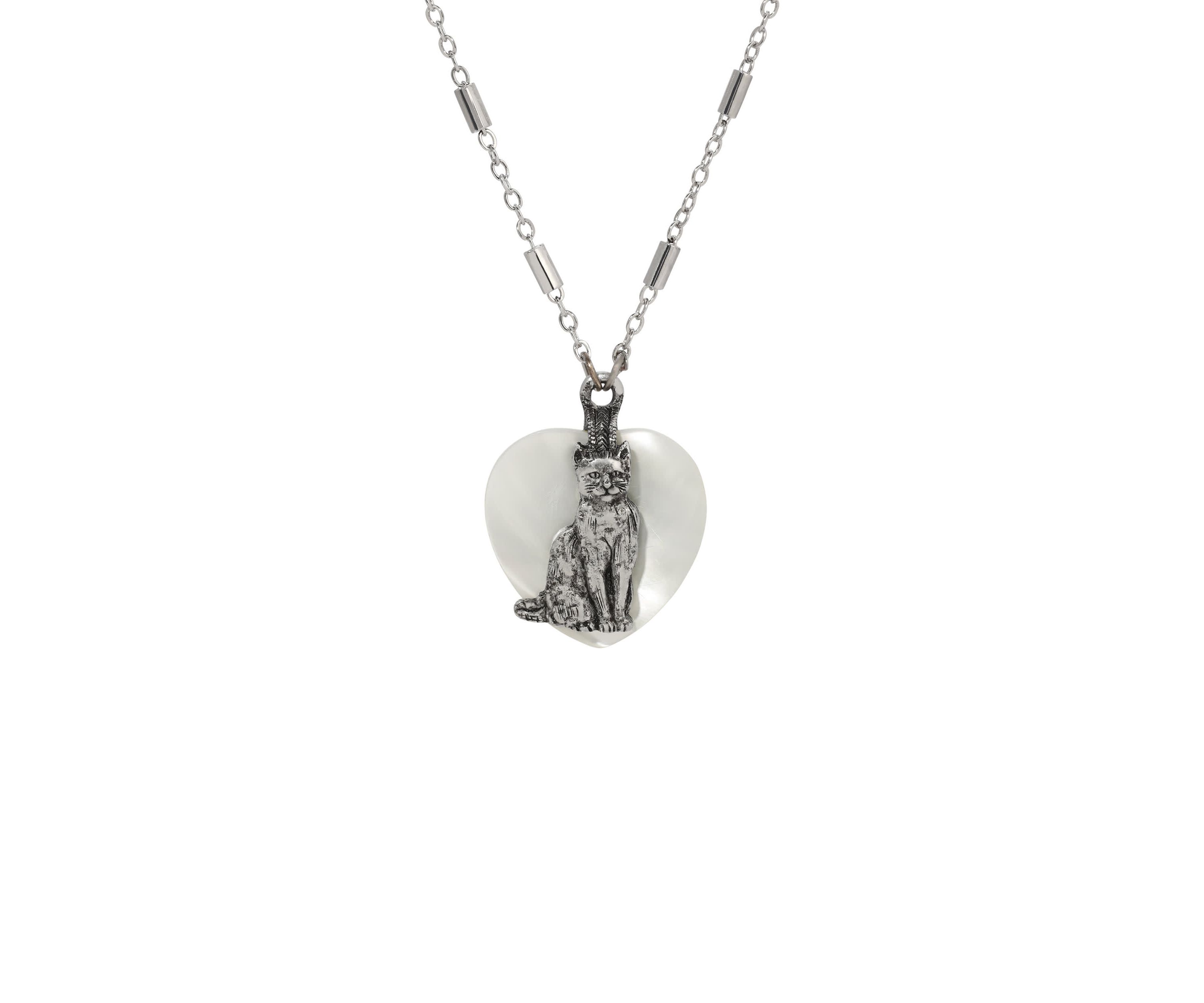 Heart MOP Cat Pendant Necklace 18"