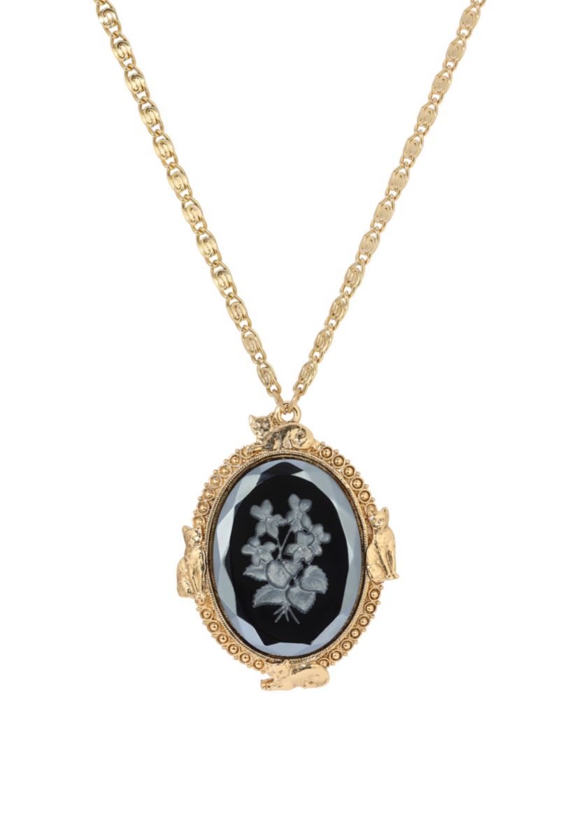 Oval Cat Frame Flower Glass Necklace 30"
