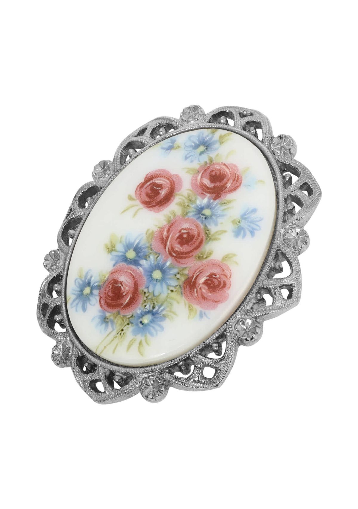 Oval Glass Stone With Flowers Brooch