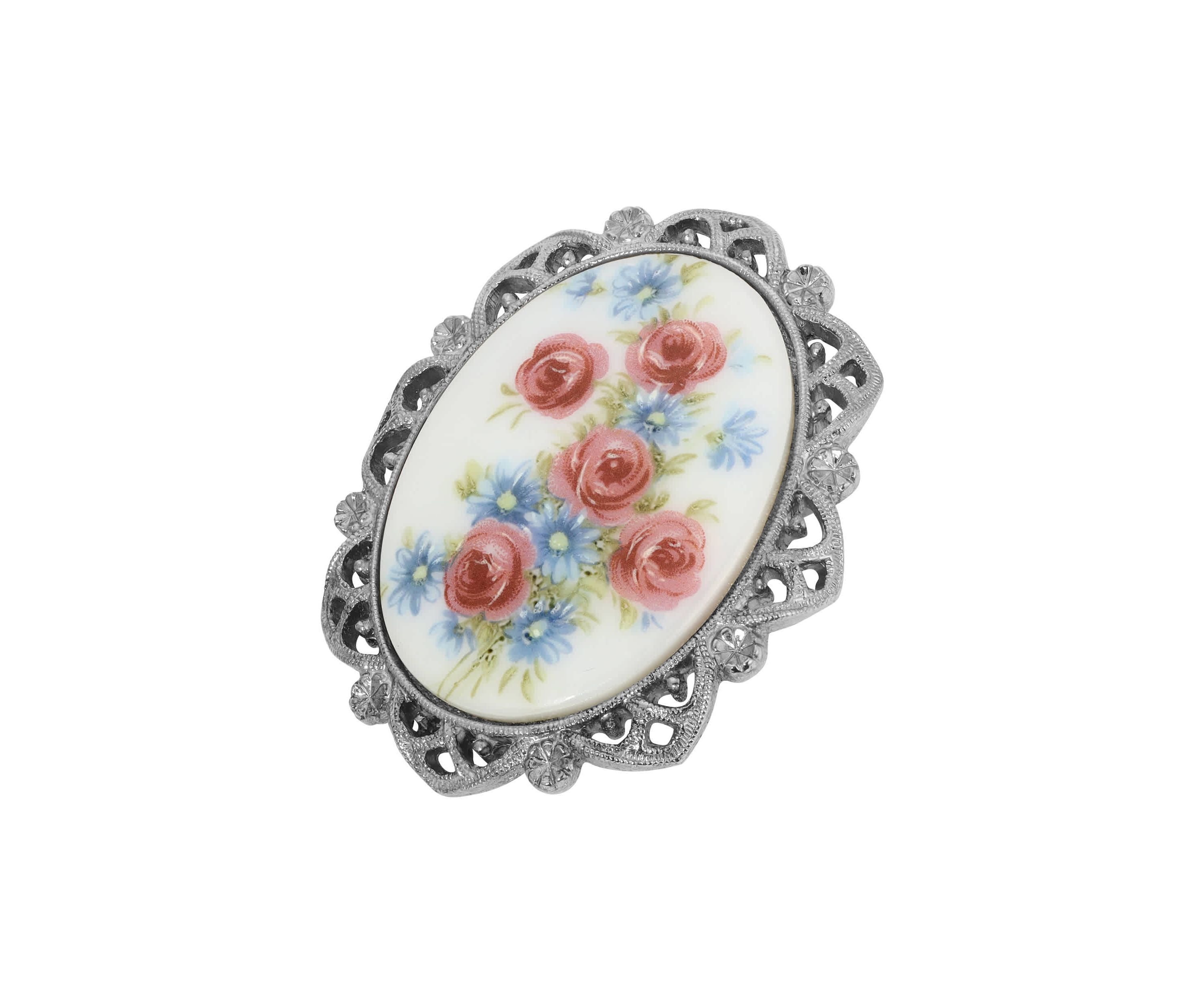 Oval Glass Stone With Flowers Brooch