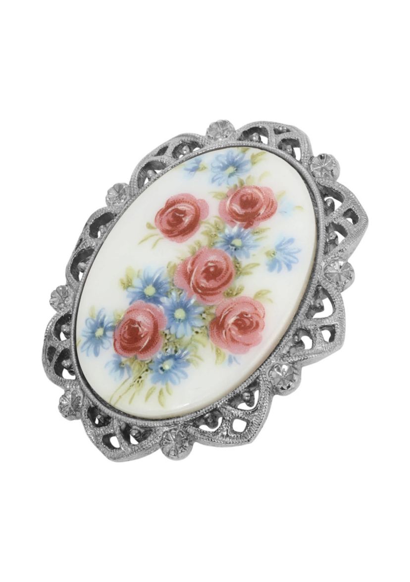 Oval Glass Stone With Flowers Brooch