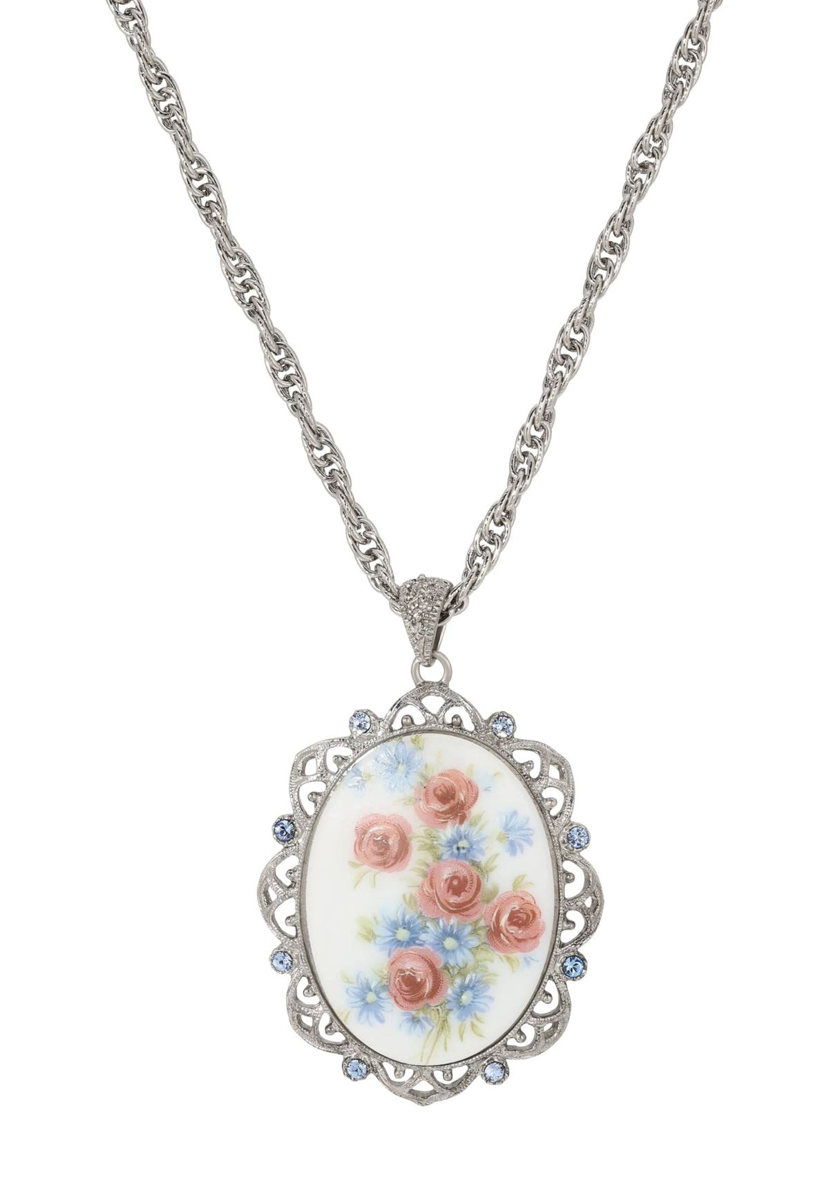 Oval Flower Glass Stone Necklace 30"