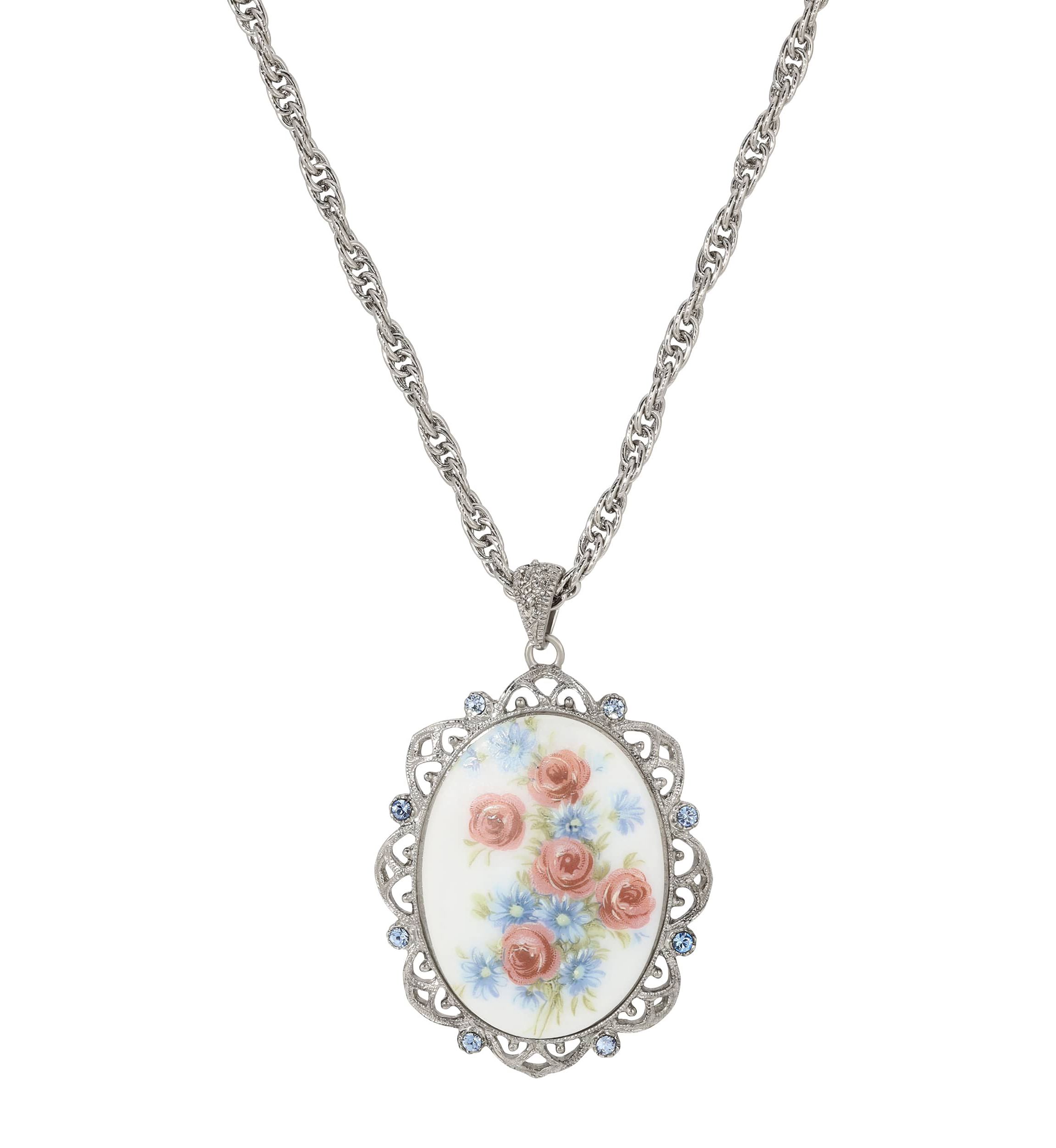 Oval Flower Glass Stone Necklace 30"
