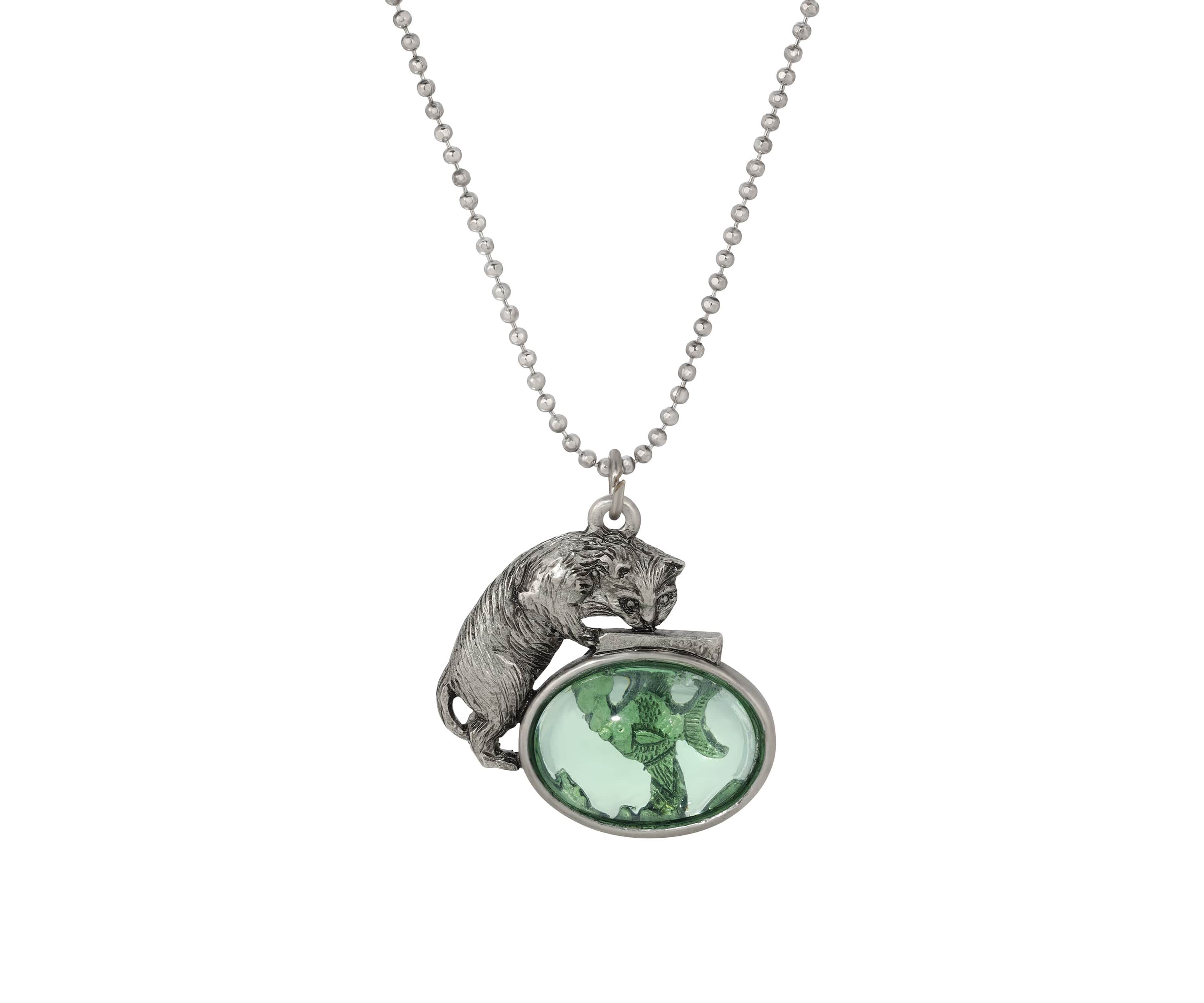 Pewter Cat & Green Fishbowl Necklace 18"