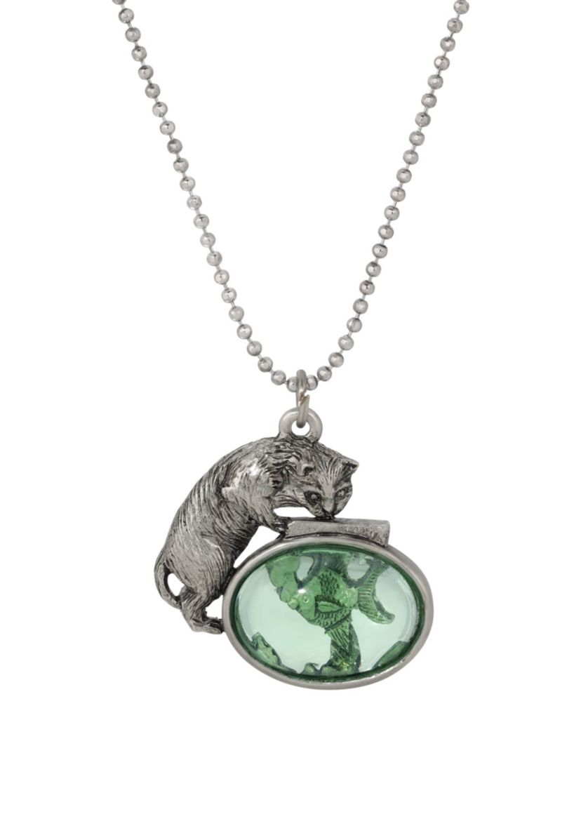 Pewter Cat & Green Fishbowl Necklace 18"