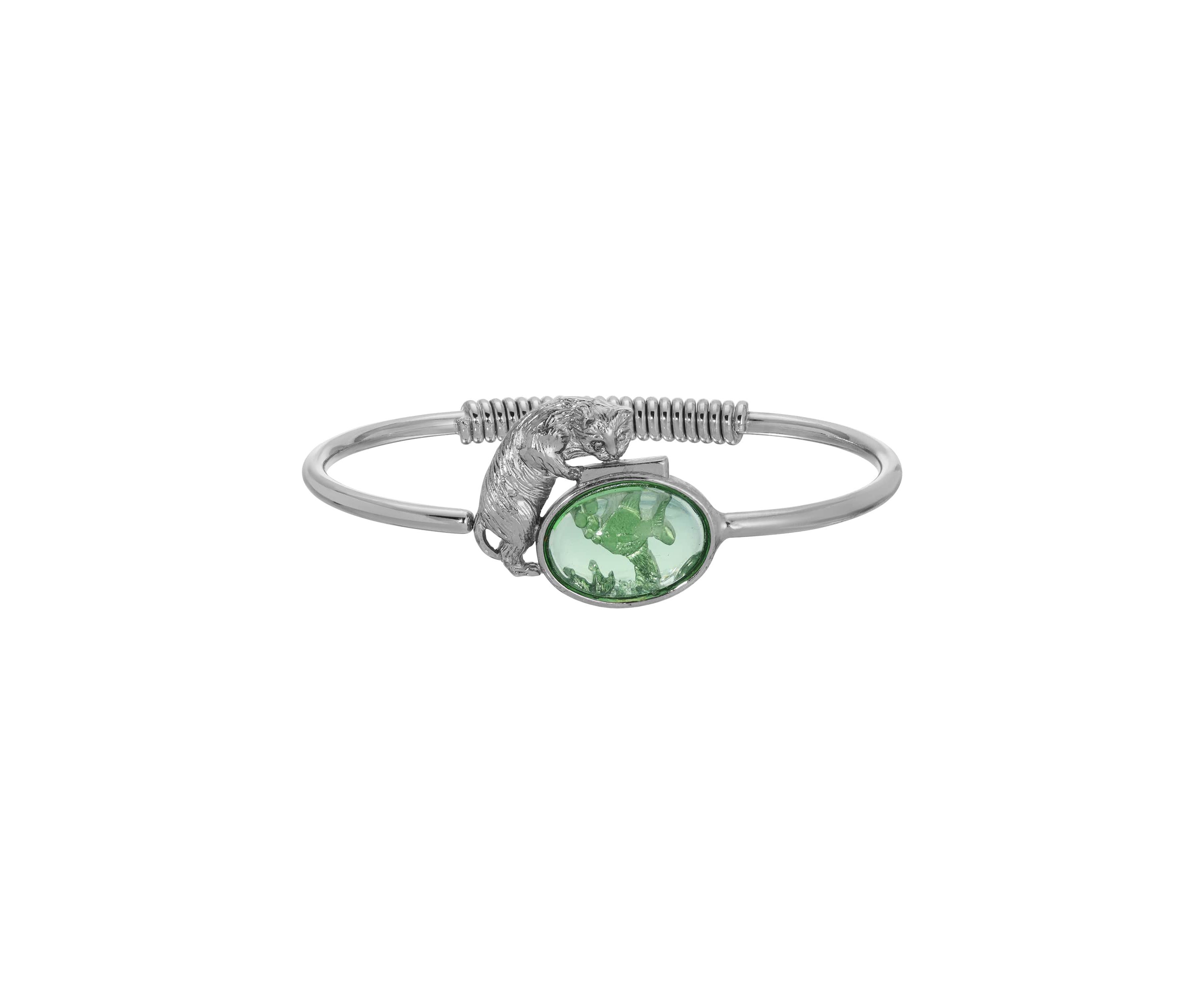 Silver-tone Cat Green Fishbowl Bracelet