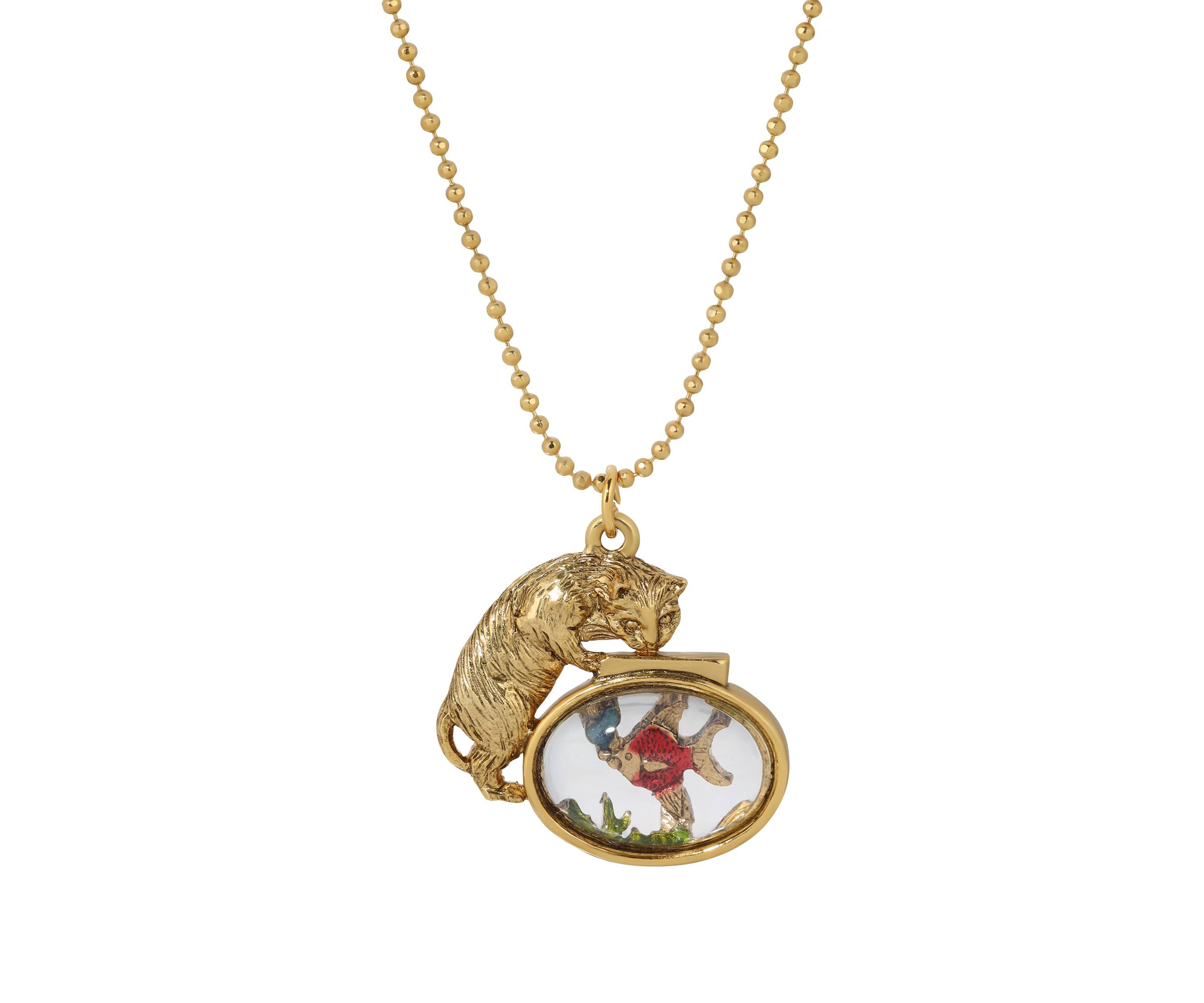 14K Gold Dipped Cat Fishbowl Necklace 18