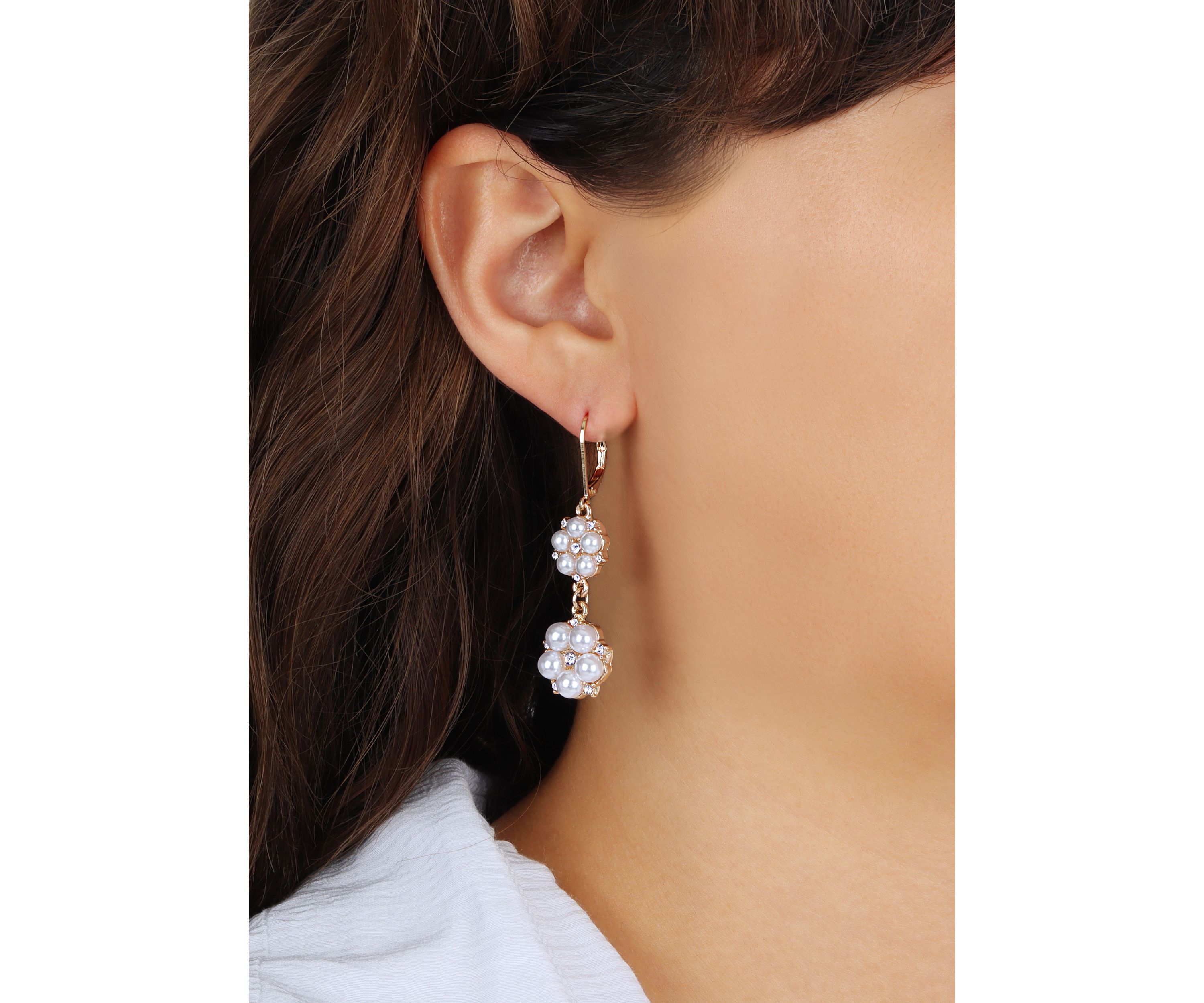 Gold Tone Round Fx Pearl Drop Earrings