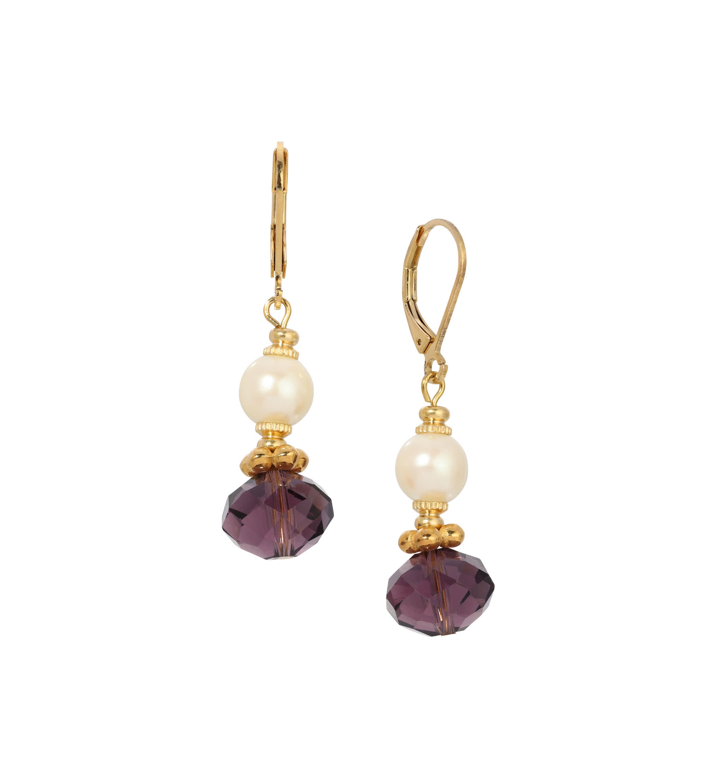 Gold Tone Fx Pearl Purple Bead Earrings