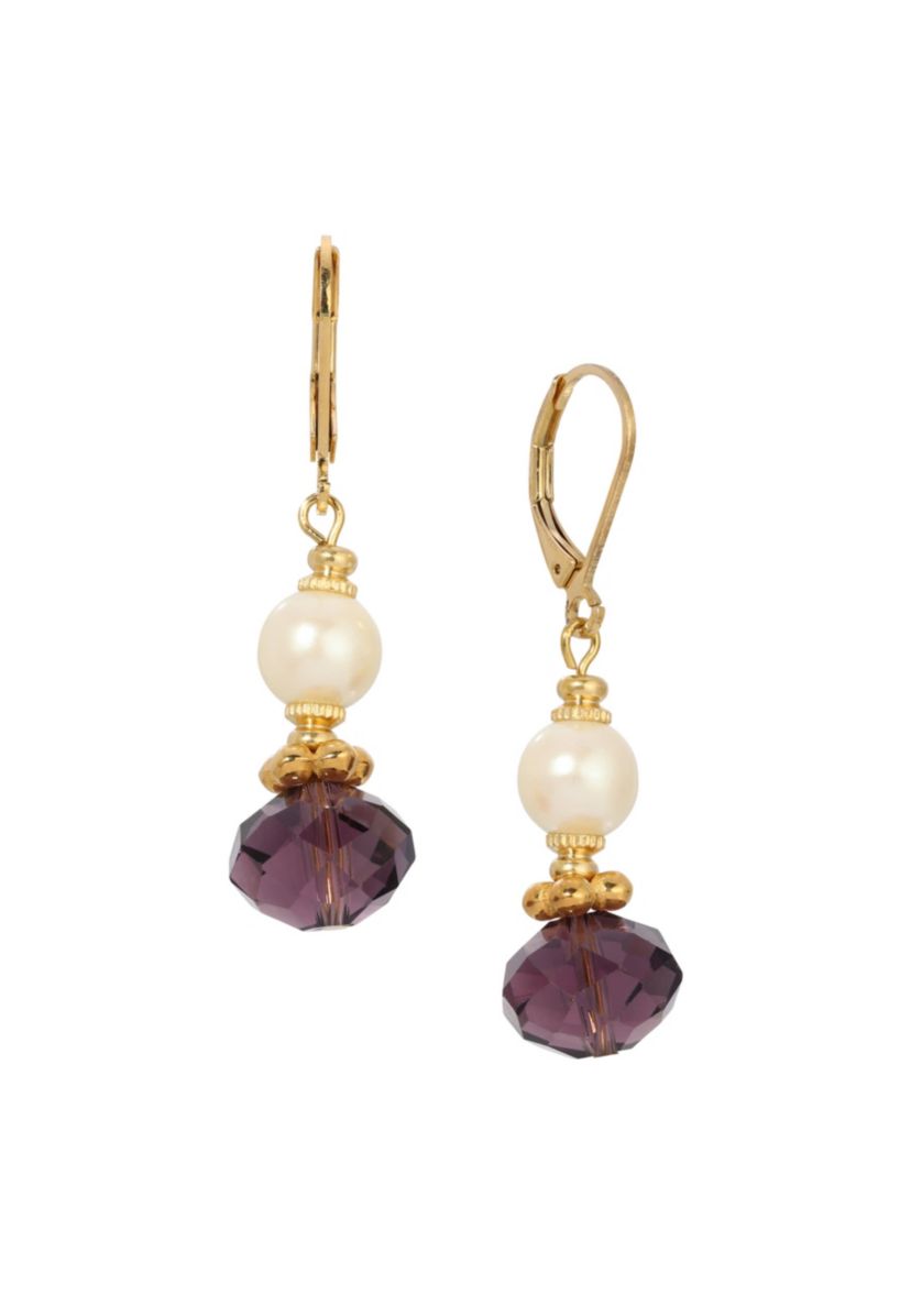 Gold Tone Fx Pearl Purple Bead Earrings