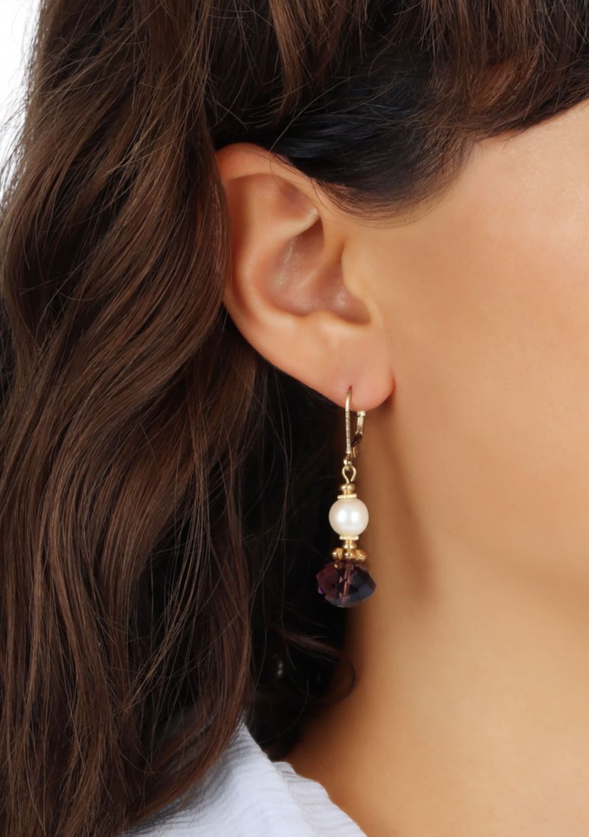 Gold Tone Fx Pearl Purple Bead Earrings