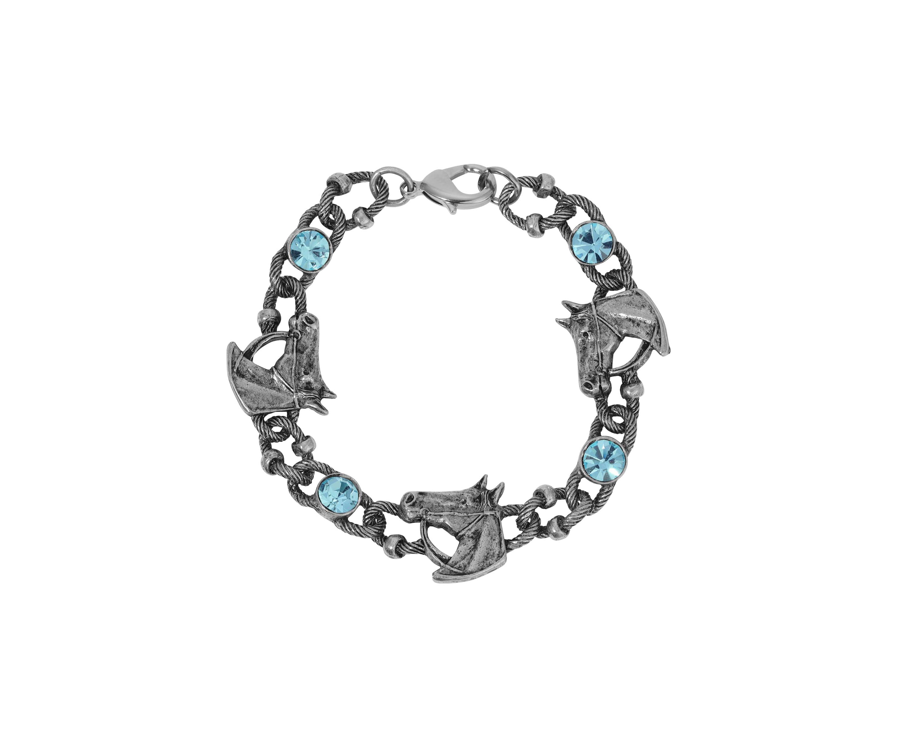 Silver Tone Horse Blue Glass Bracelet