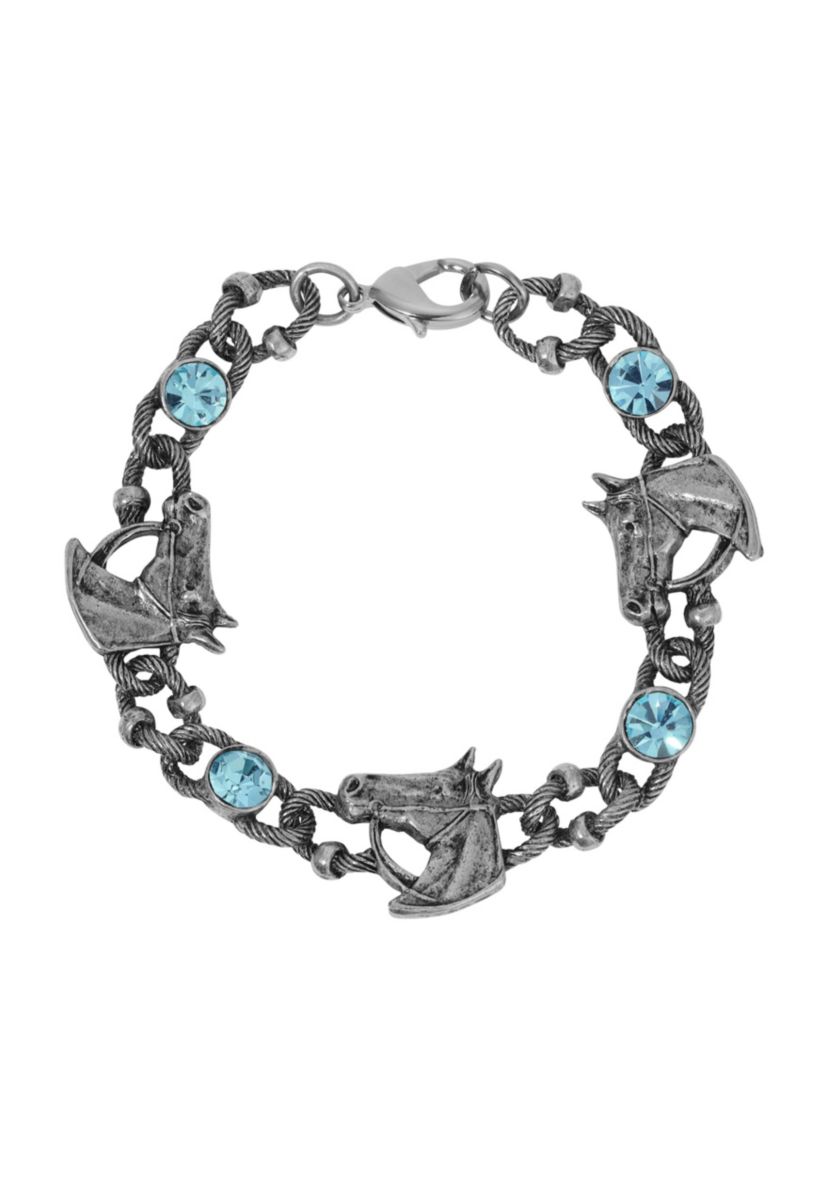 Silver Tone Horse Blue Glass Bracelet