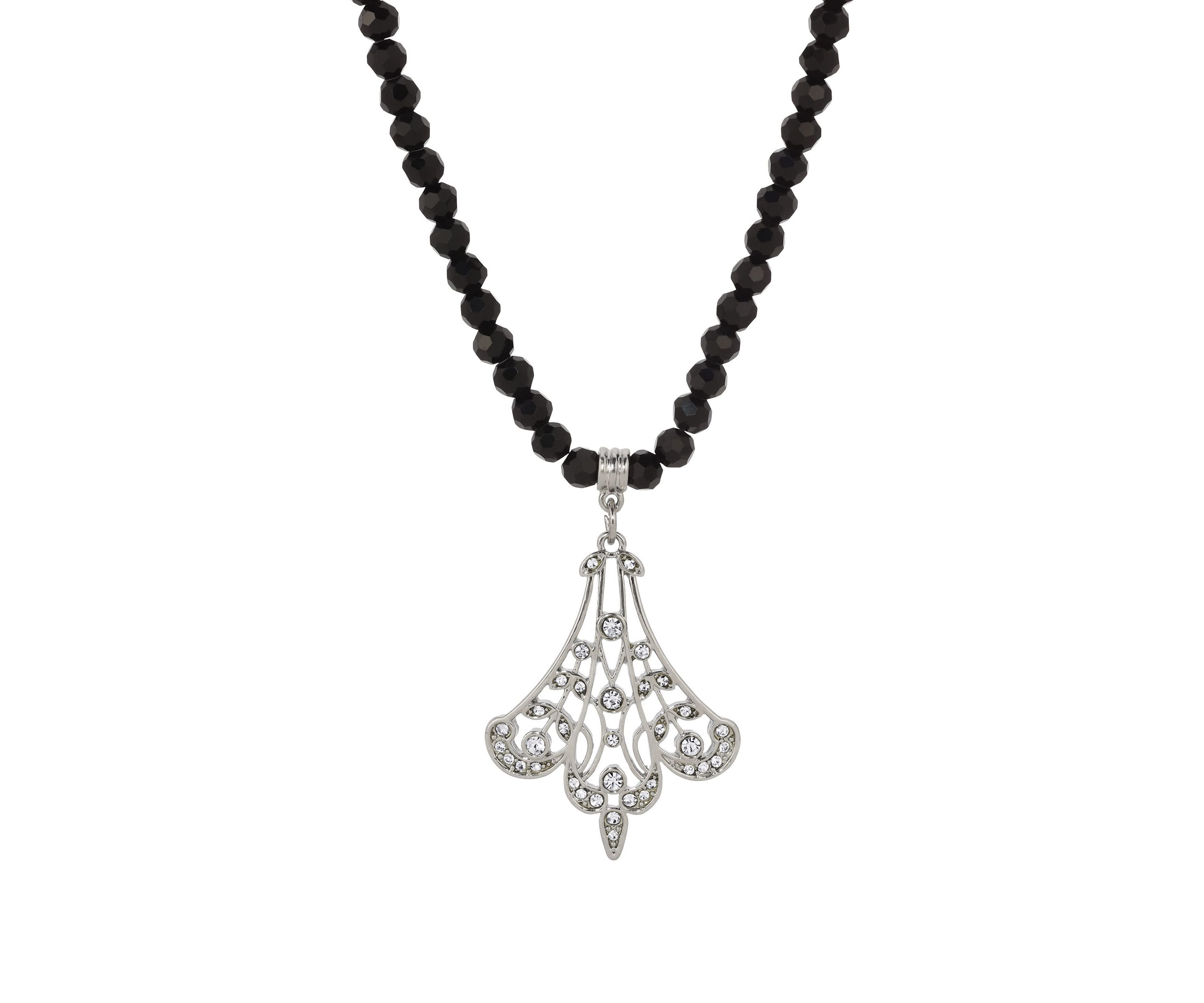 Black Bead Crystal Fan Filigree Necklace