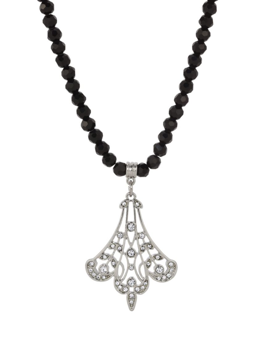 Black Bead Crystal Fan Filigree Necklace