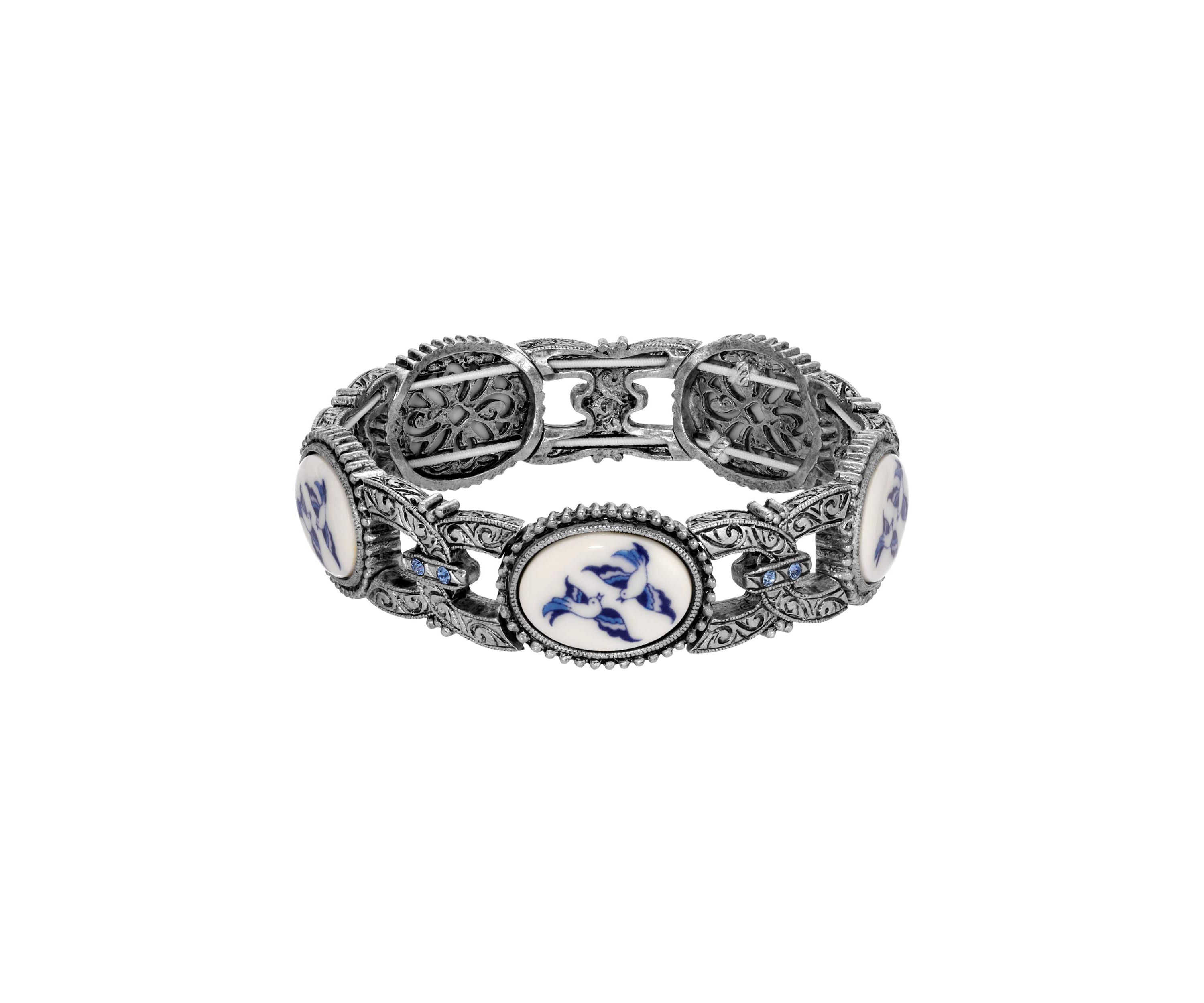 Silver Tone Blue Willow Stretch Bracelet