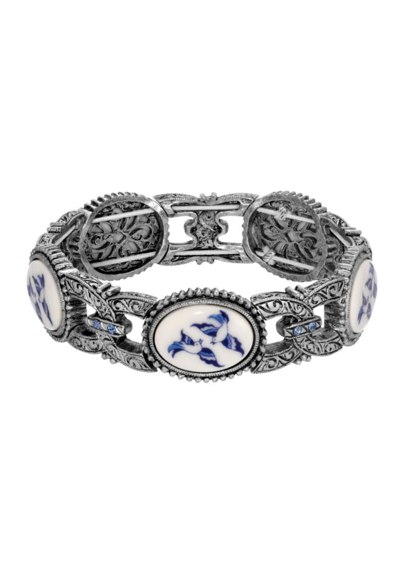 Silver Tone Blue Willow Stretch Bracelet