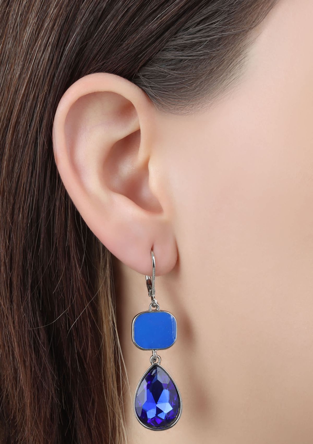 Silver Tone Blue Teardrop Earrings