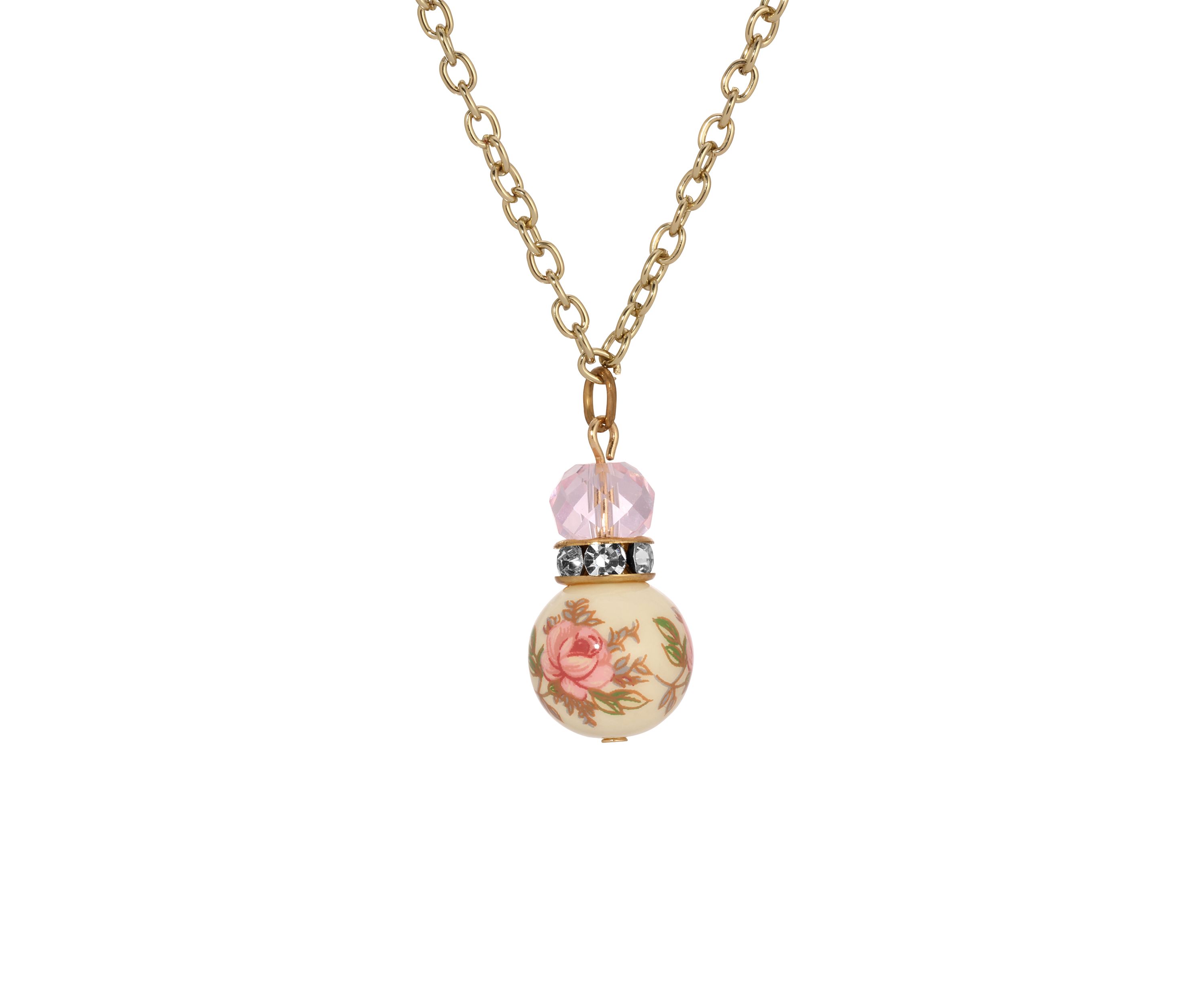 Gold Tone Pink Floral Bead Necklace