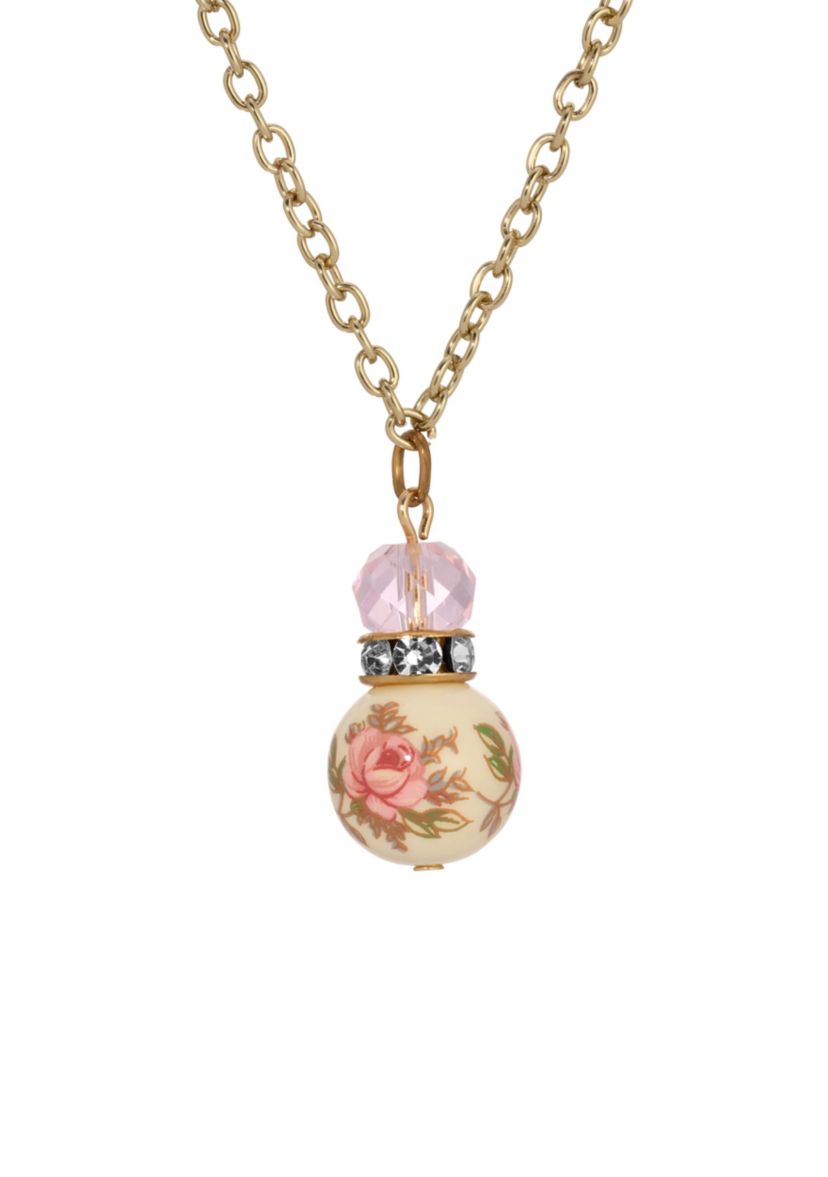 Gold Tone Pink Floral Bead Necklace