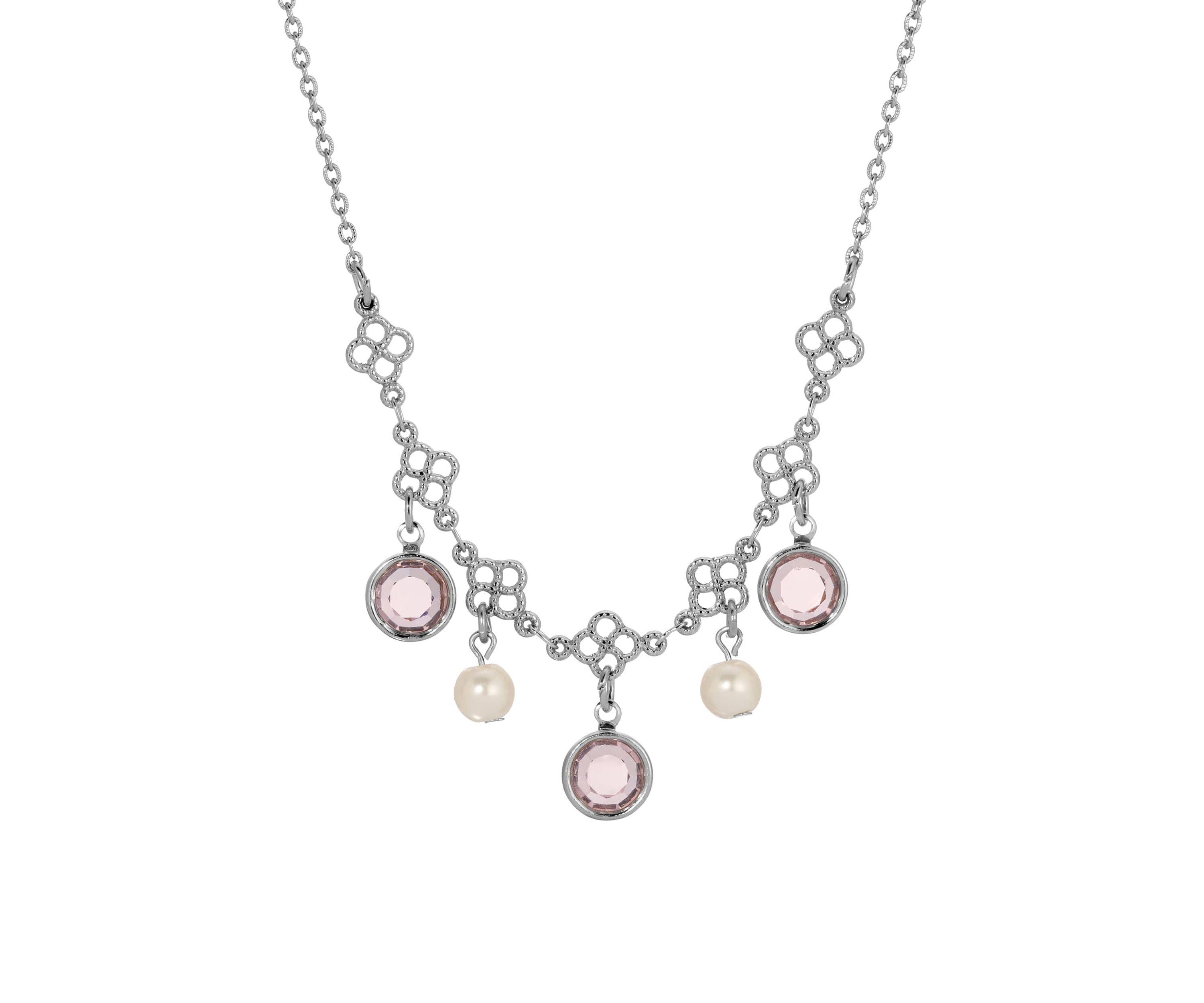 Crystal Faux Pearl Bib Necklace 16"