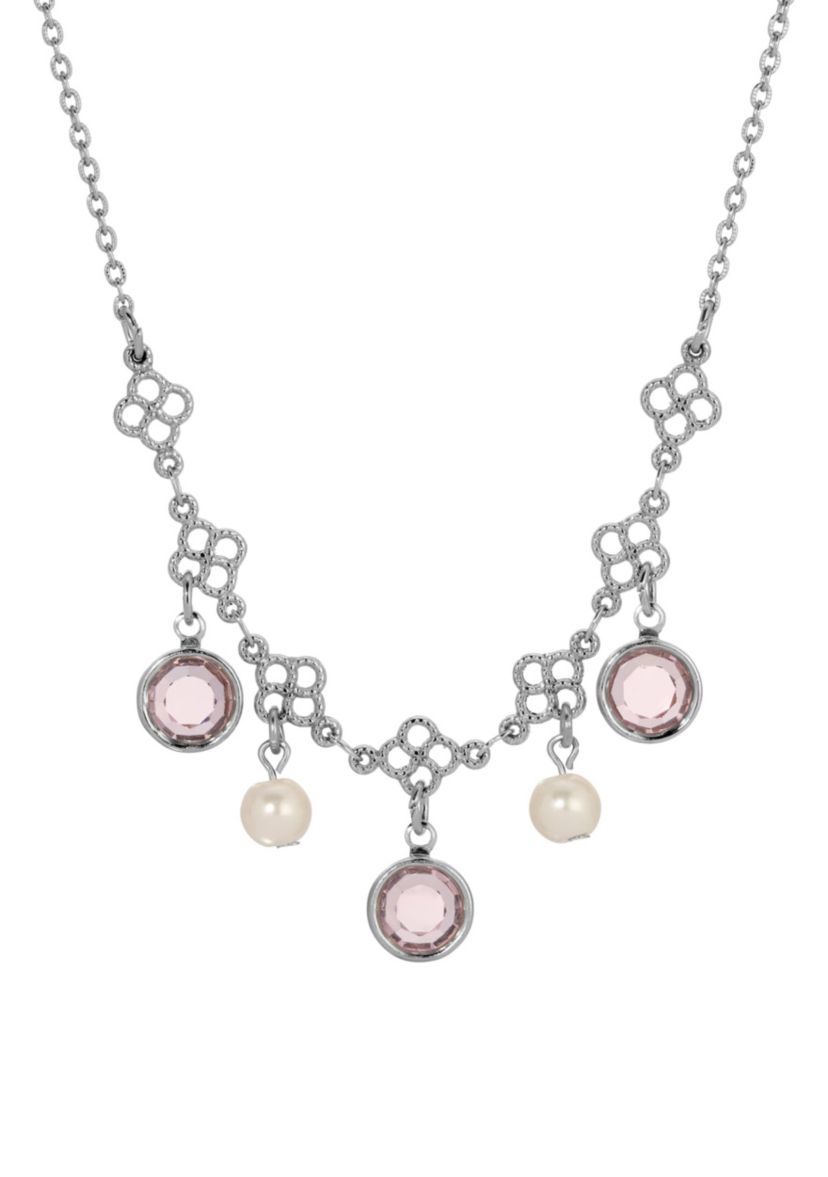 Crystal Faux Pearl Bib Necklace 16"