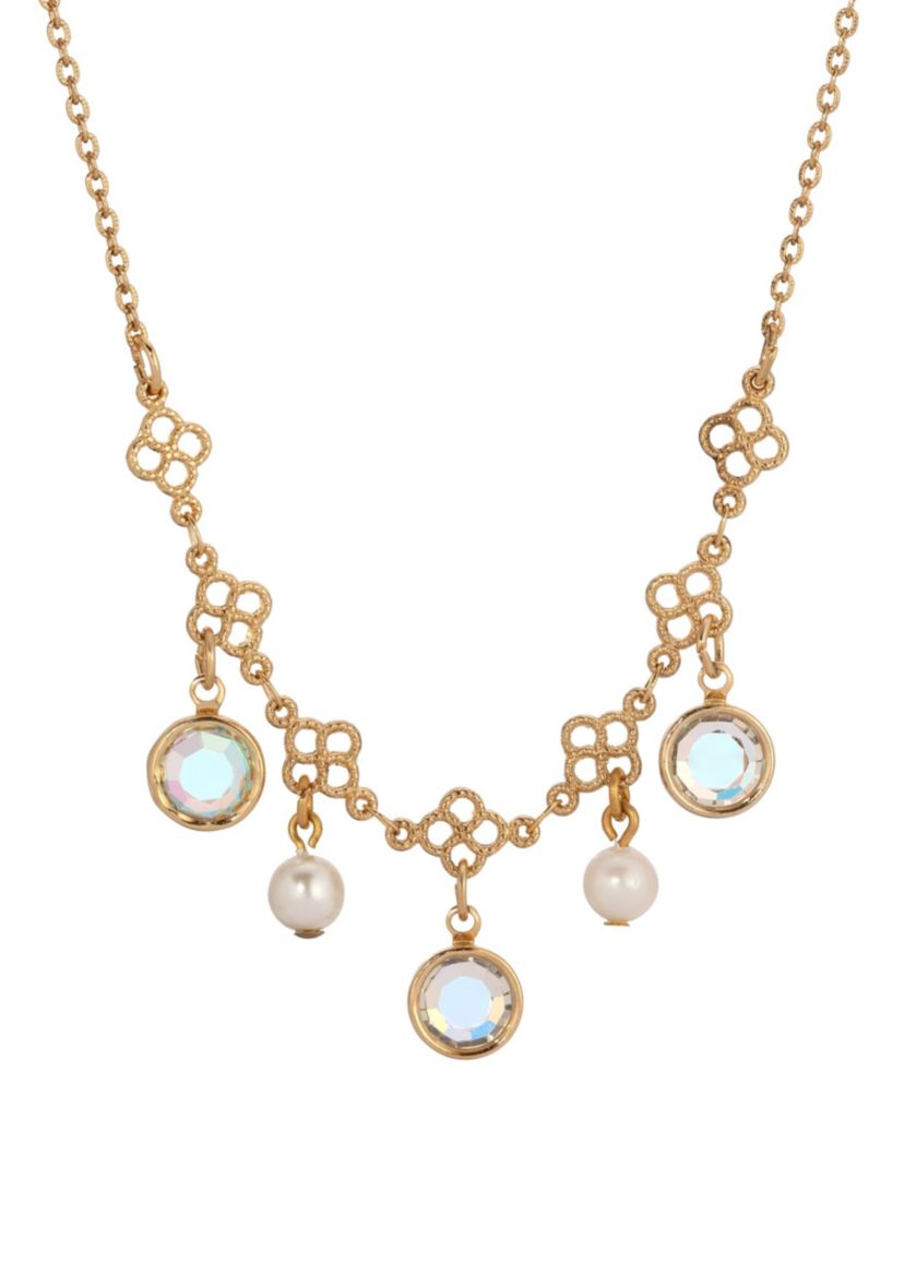 Gold Tone Crystal Faux Pearl Necklace 16