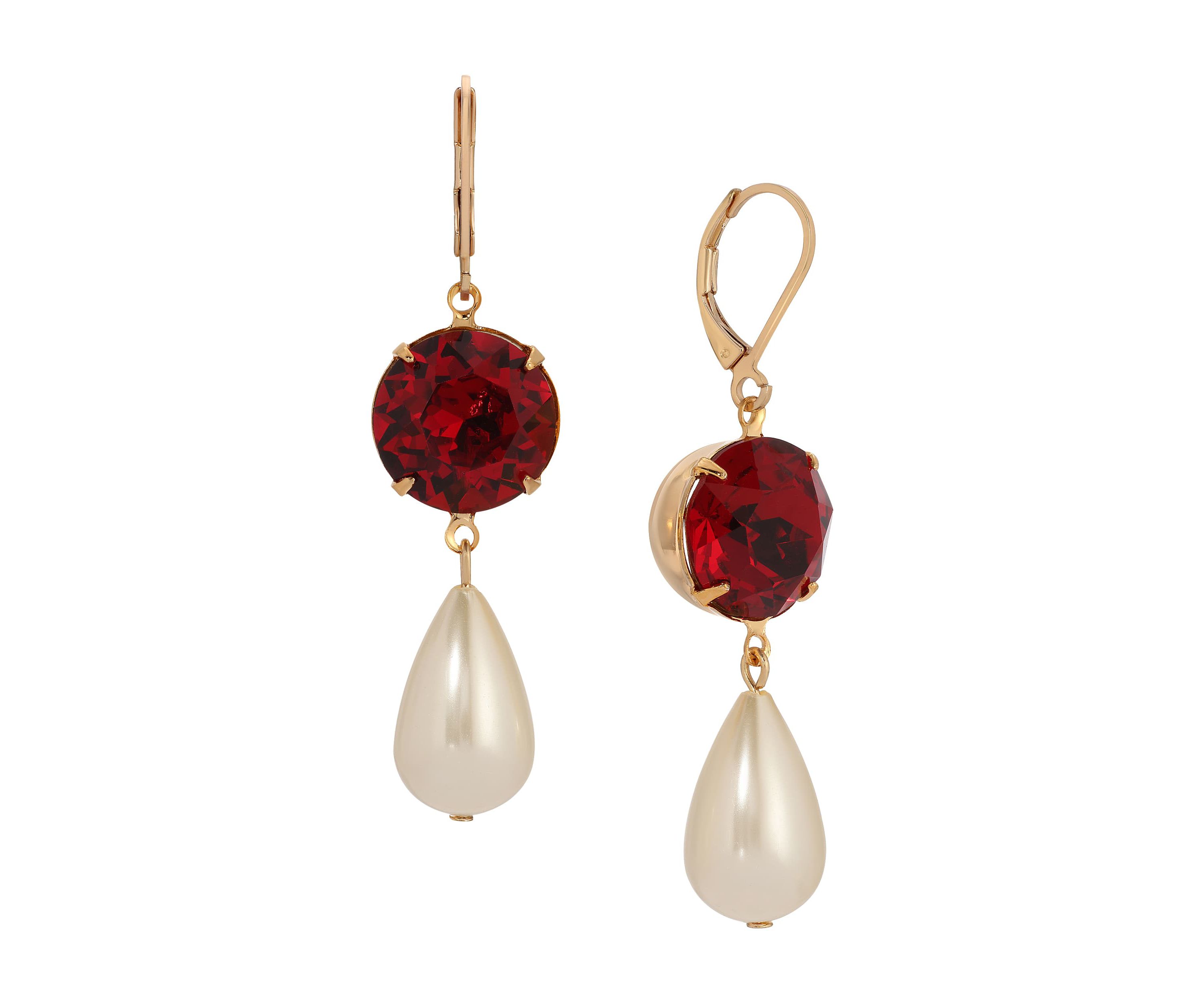 Faux Pearl Red Crystal Drop Earrings