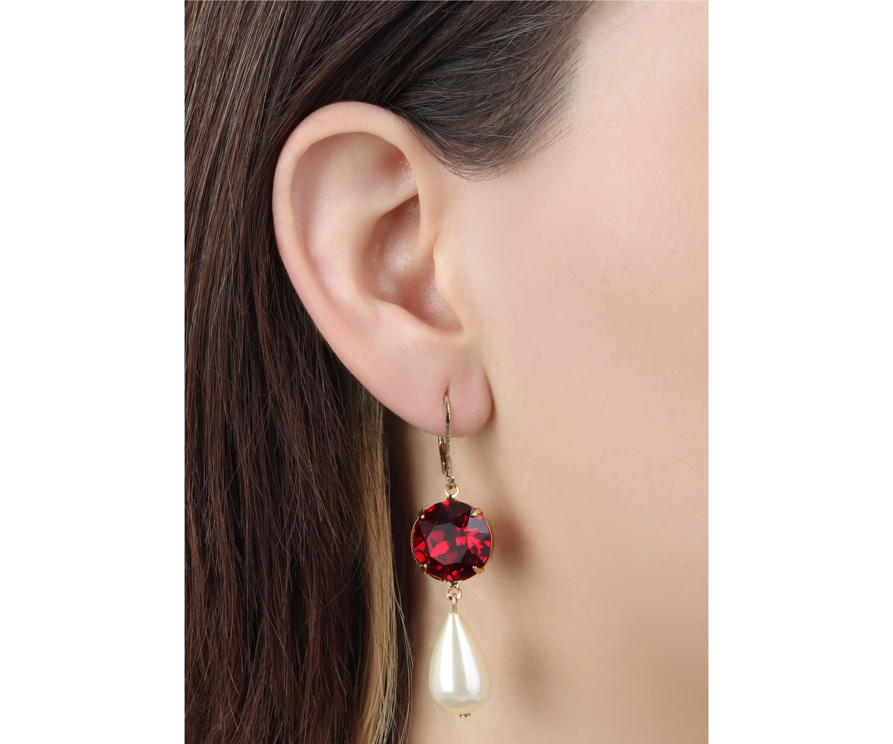 Faux Pearl Red Crystal Drop Earrings