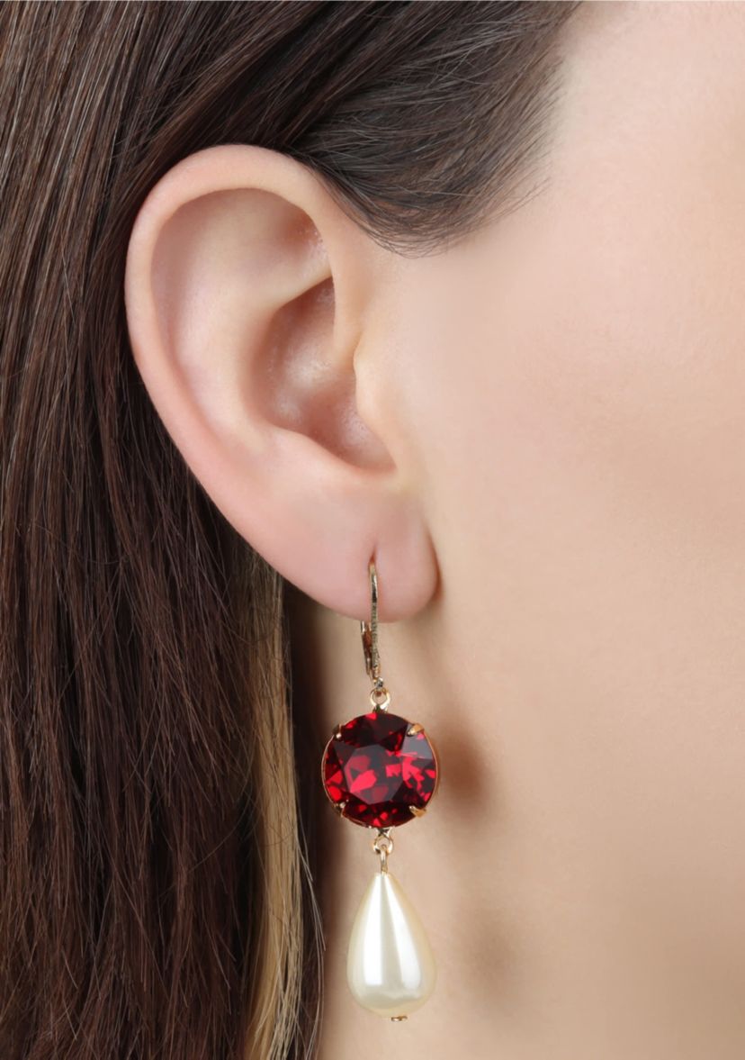 Faux Pearl Red Crystal Drop Earrings