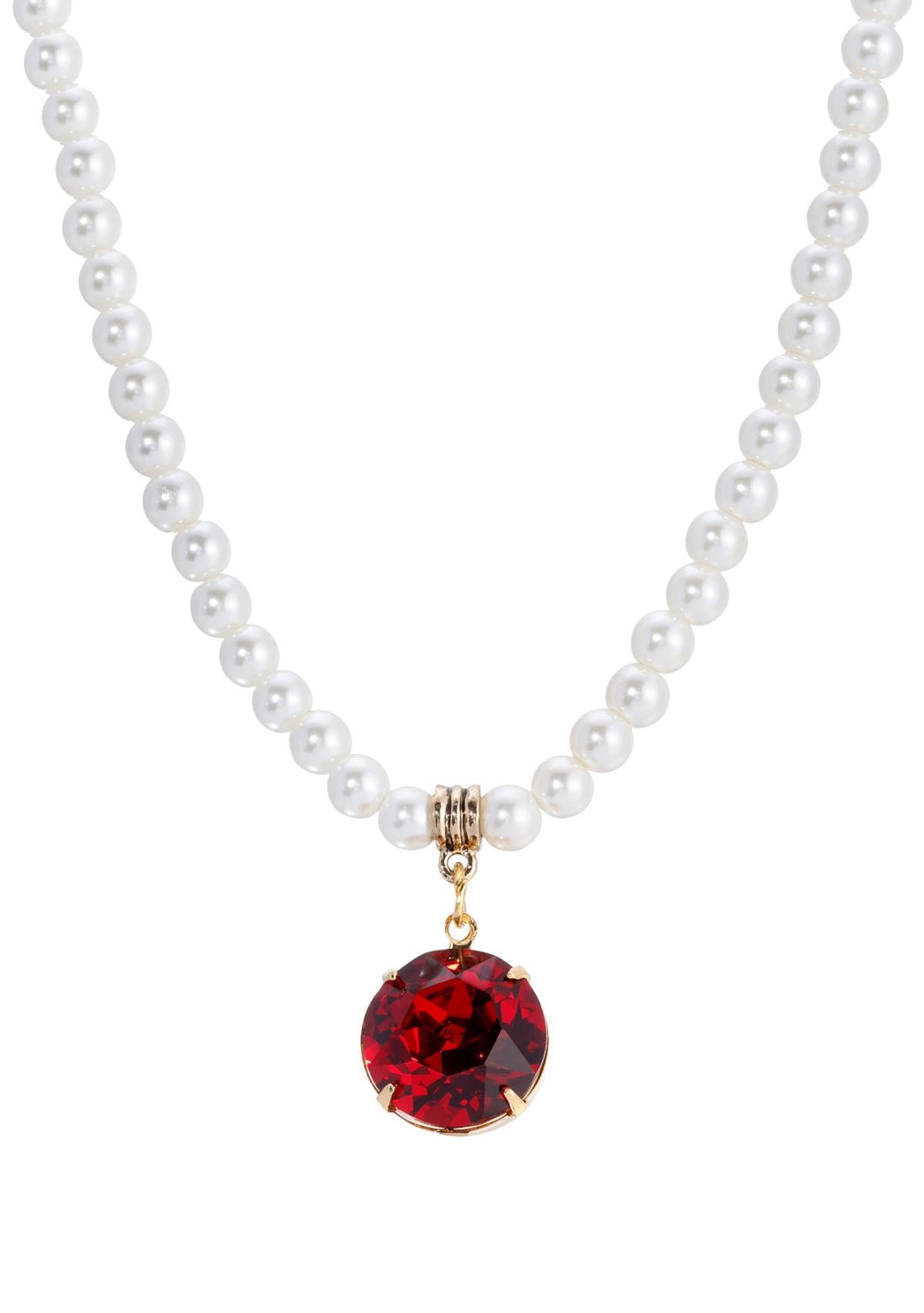 Faux Pearl Red Crystal Necklace 15" Adj.