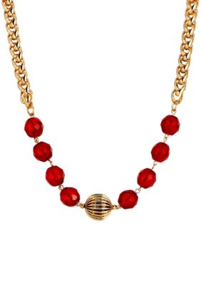 1928 Jewelry 14K Gold Dipped Red Glass and Gold Bead 16+3 Necklace