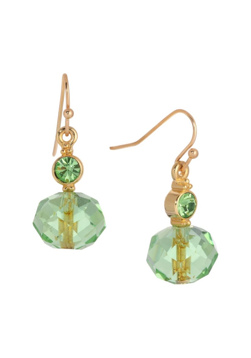 Gold Tone Green Bead Drop Earrings