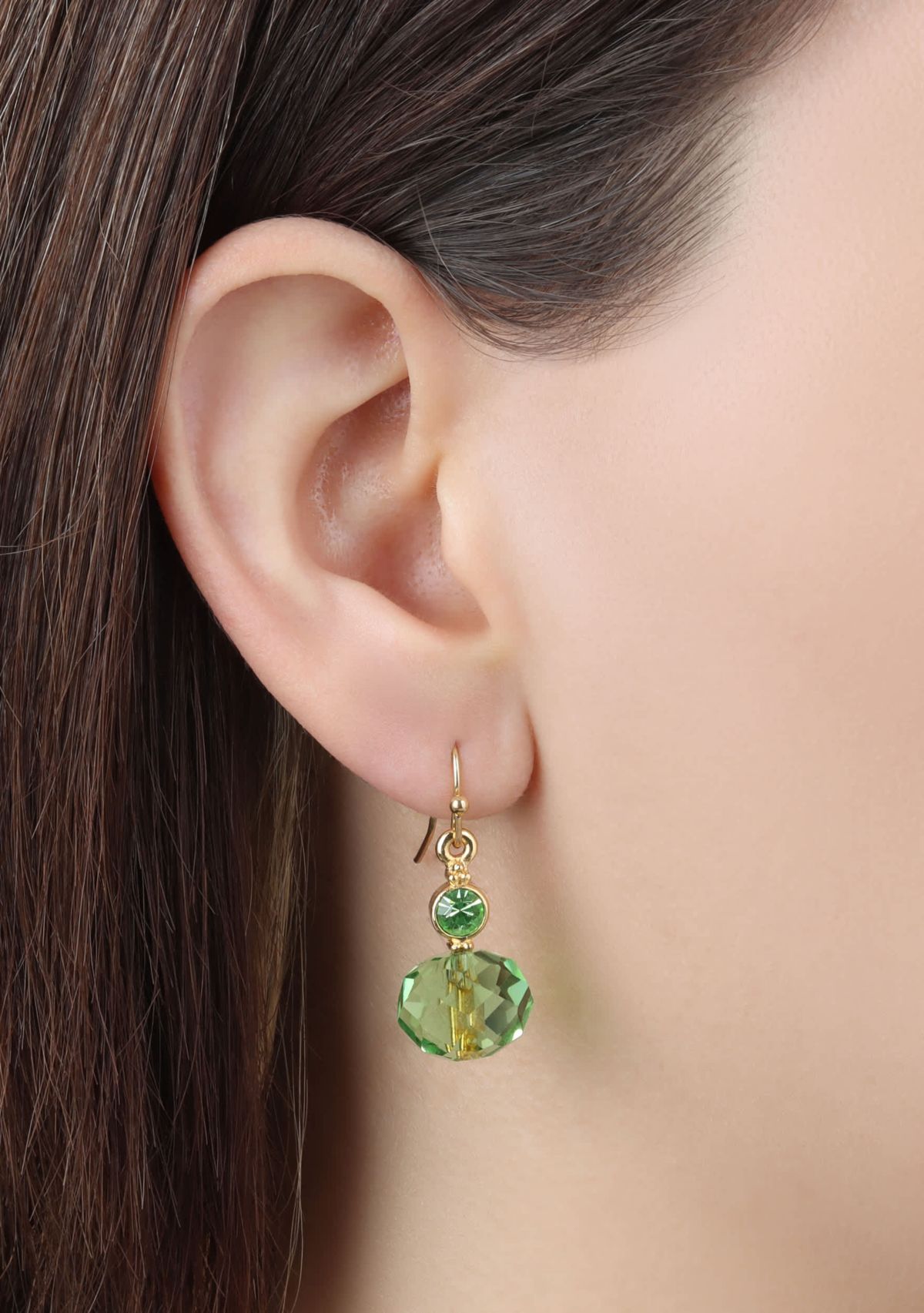 Gold Tone Green Bead Drop Earrings