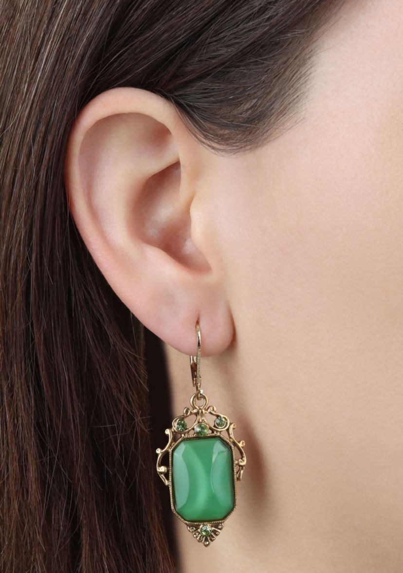 Green Moonstone Rectangle Drop Earrings