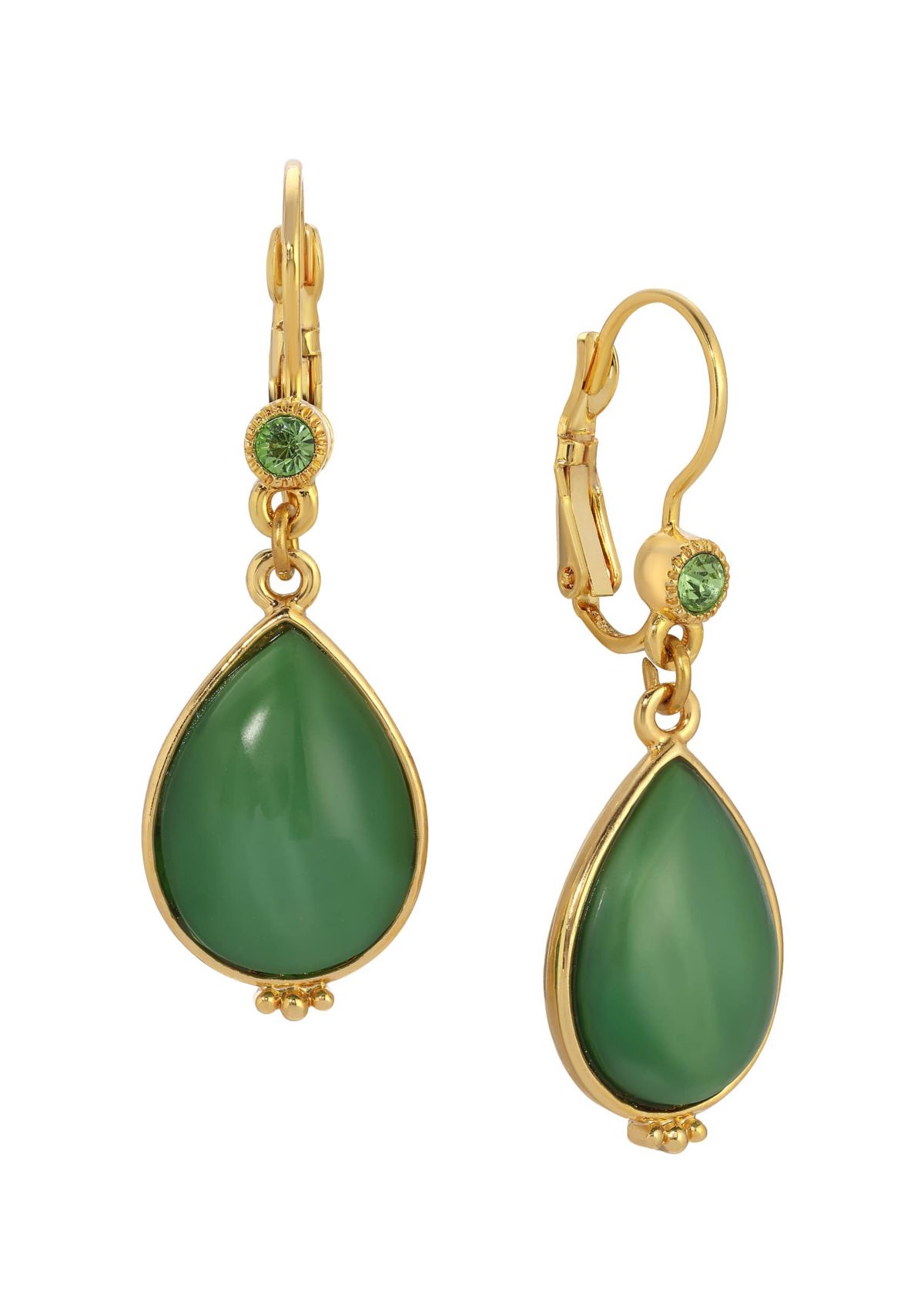 Gold Tone Green Moonstone Teardrop Leverback Earrings