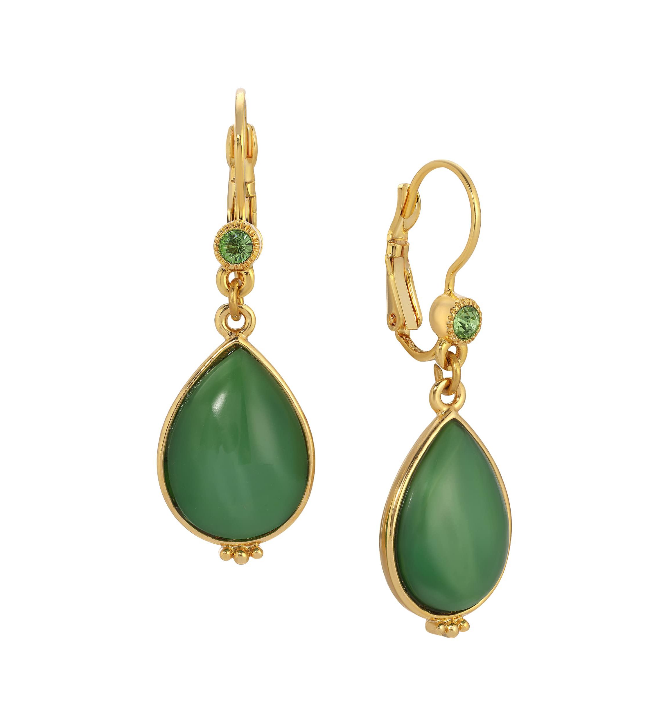 Gold Tone Green Moonstone Teardrop Leverback Earrings